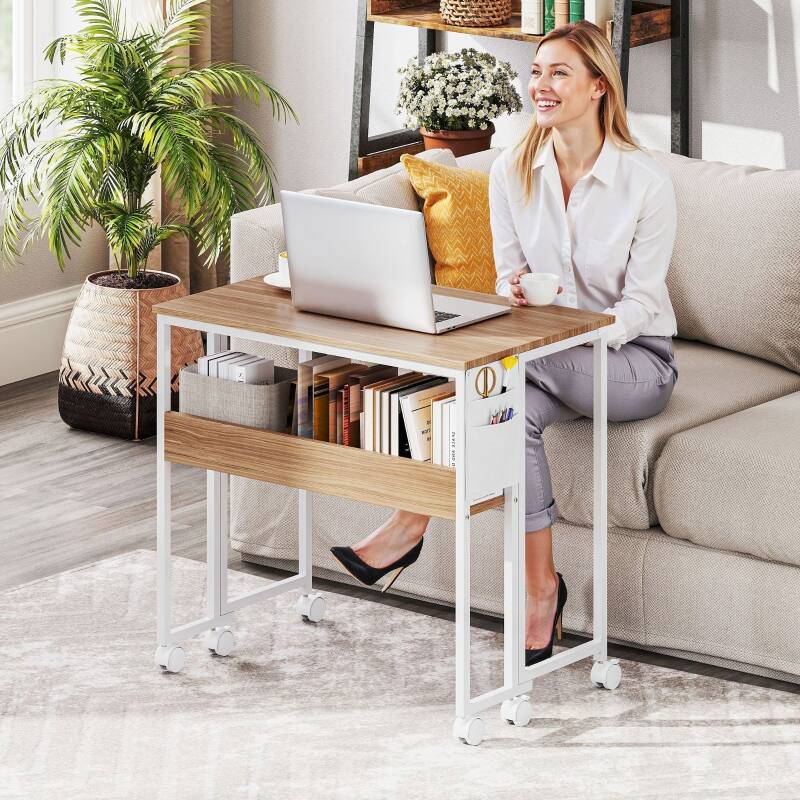 Back. Anysun - 31.5" Folding Computer Desk with Storage Bag, Shelf & Wheels, Space-Saving Mobile Desk for Home Office or Small Spaces - Natural Wood.