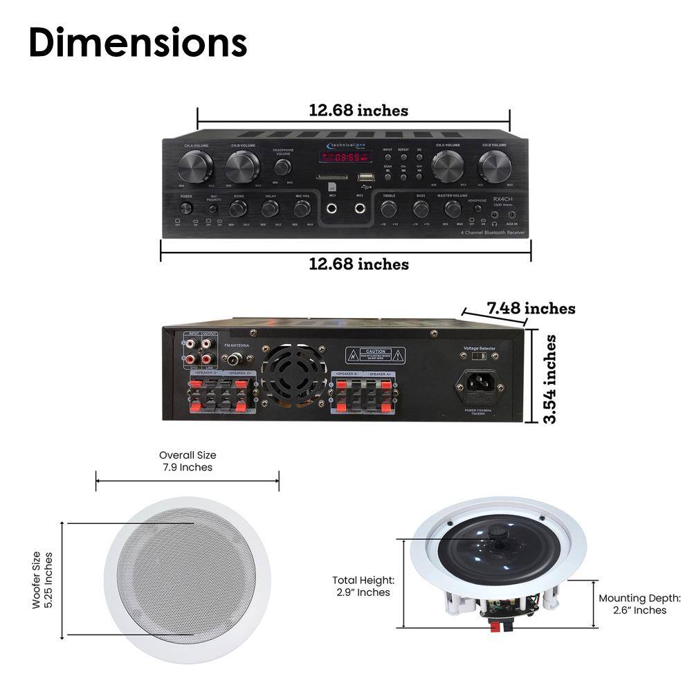 Dimensions

12.68 inches
12.68 inches
7.48 inches
3.54 inches
Overall Size 7.9 inches
Woofer Size 5.25 inches
Total Height: 2.9" Inches
Mounting Depth: 2.6" Inches
