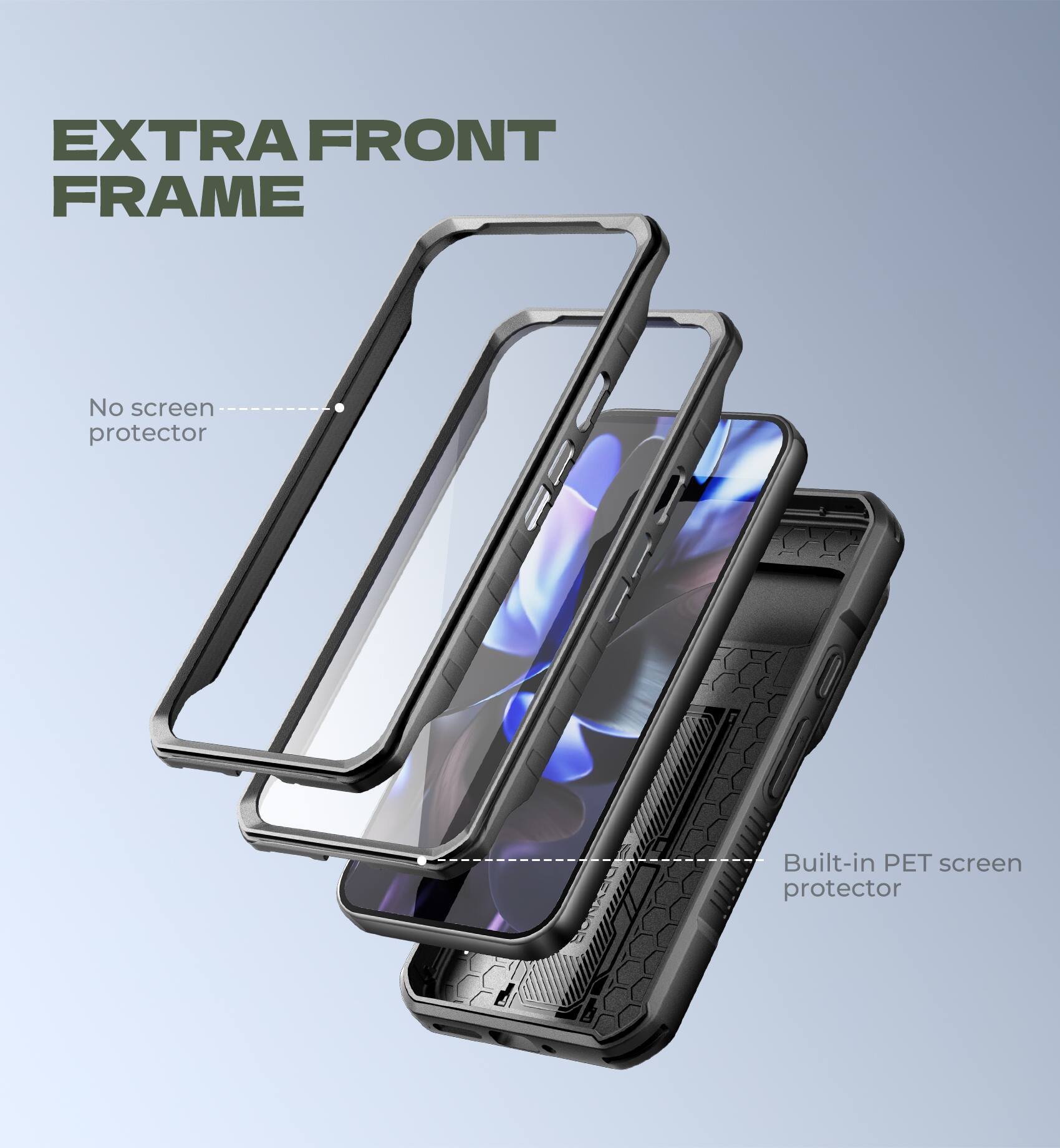 EXTRA FRONT FRAME

No screen protector

Built-in PET screen protector