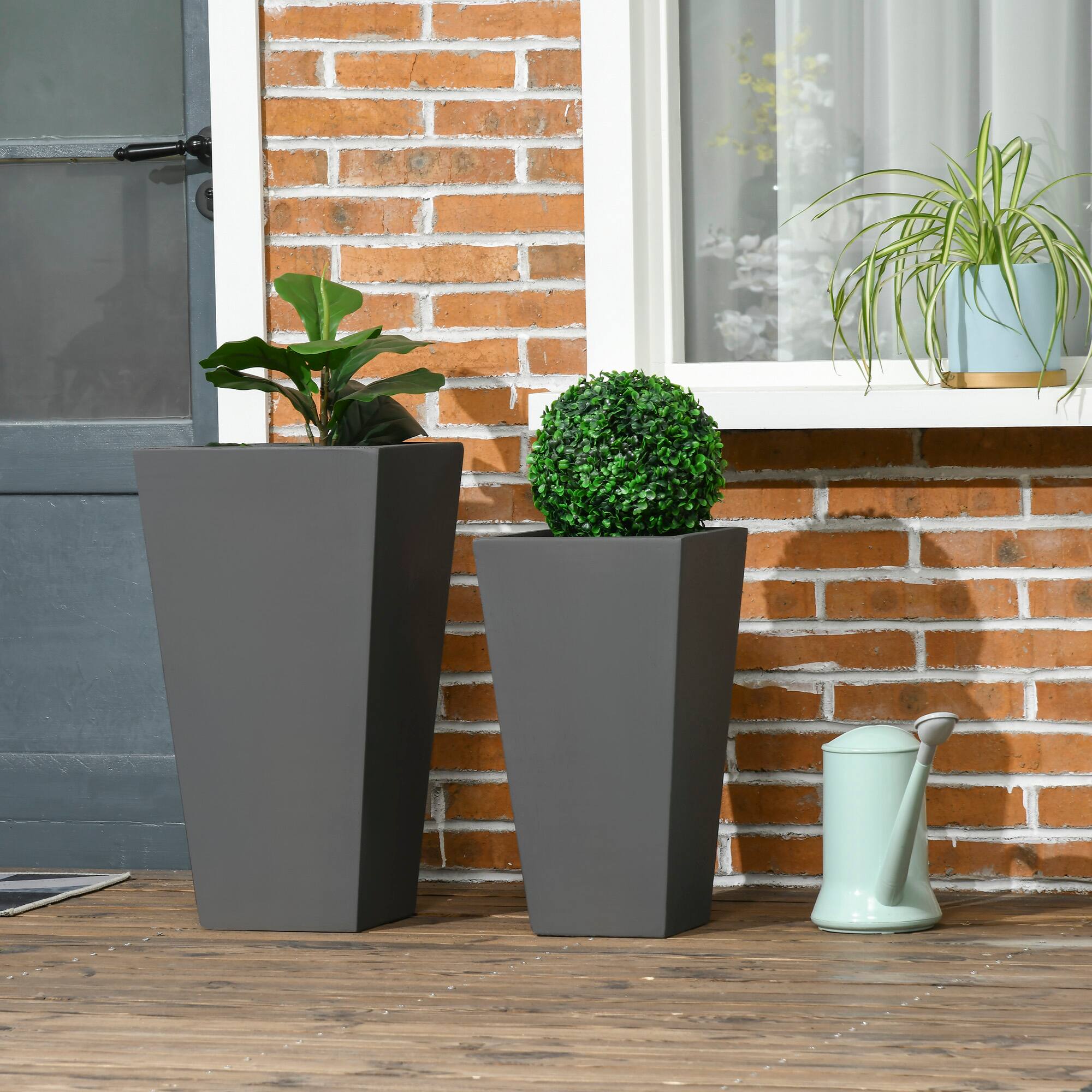 Alt View 1. Outsunny - Outdoor Planter Set, Flower Pots with Drainage Holes, Durable & Stackable Plant Pot - Gray.