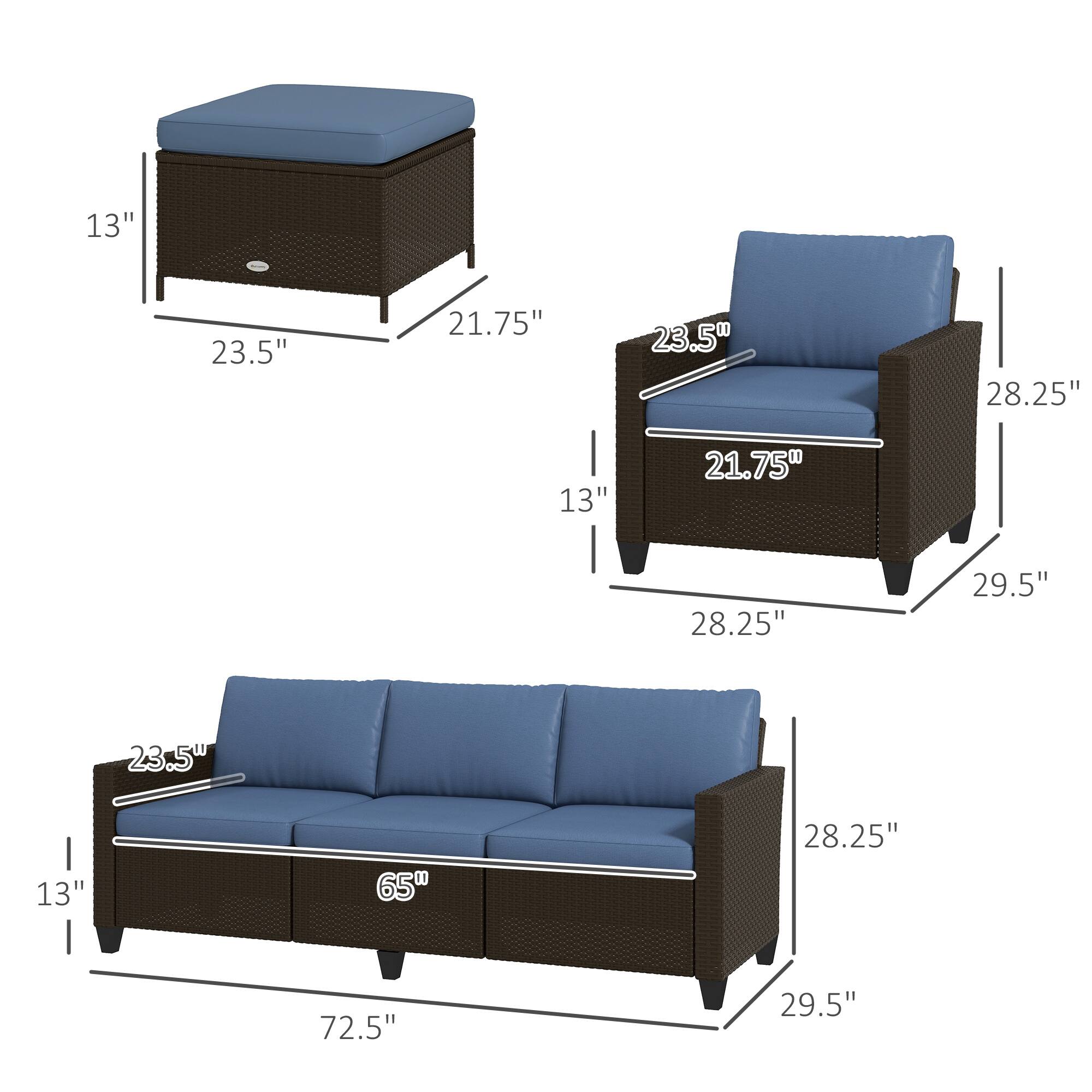 - Ottoman: 13" H x 23.5" W x 21.75" D
- Armchair: 13" H x 23.5" W x 21.75" D x 28.25" W (seat) x 29.5" D
- Sofa: 13" H x 65" W x 28.25" D x 29.5" D