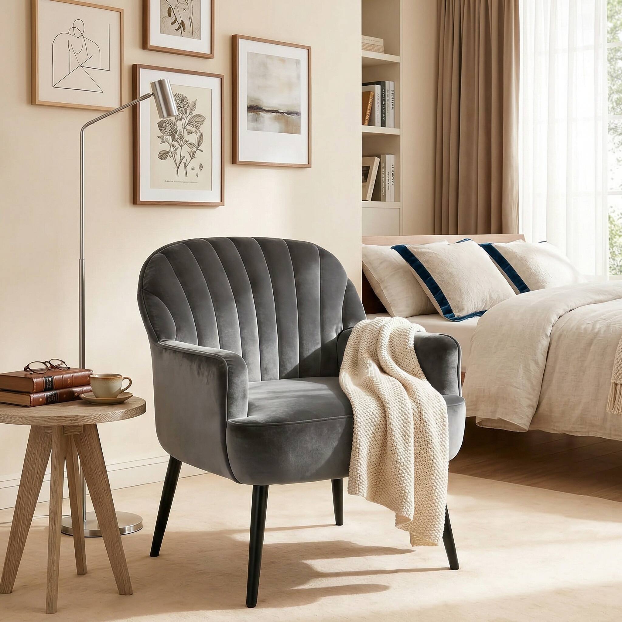 Left. Forest'nSky - Velvet Accent Chair, Modern Upholstered Barrel Armchair with Metal Legs, Luxury Comfy Single Sofa,Grey - Grey.