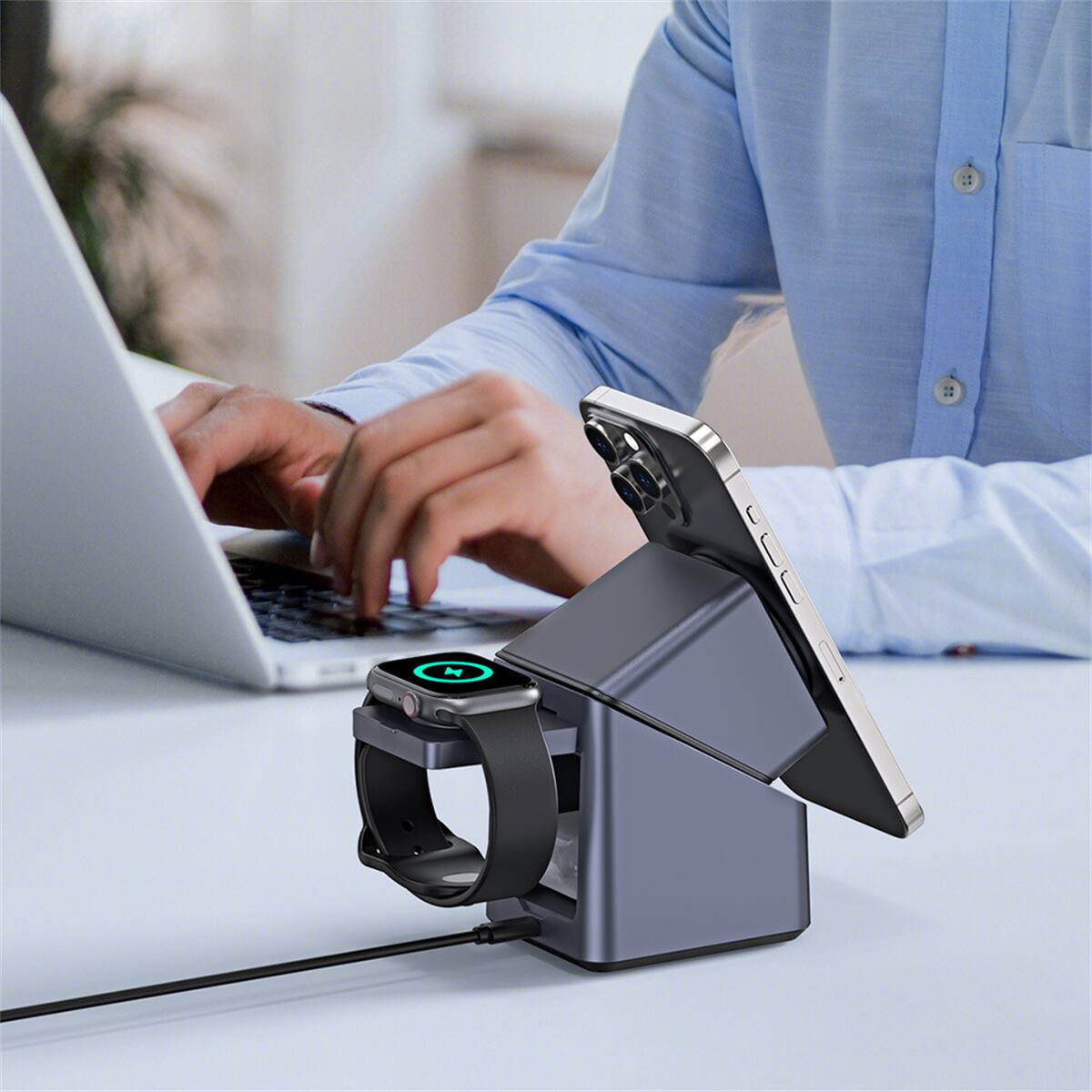 Angle. RISOKEYS - 4-in-1 Wireless Fast Charging Stand - Power Adapter for Mobile Phone, Touch-Control Rotating Clock, Magnetic Charger.