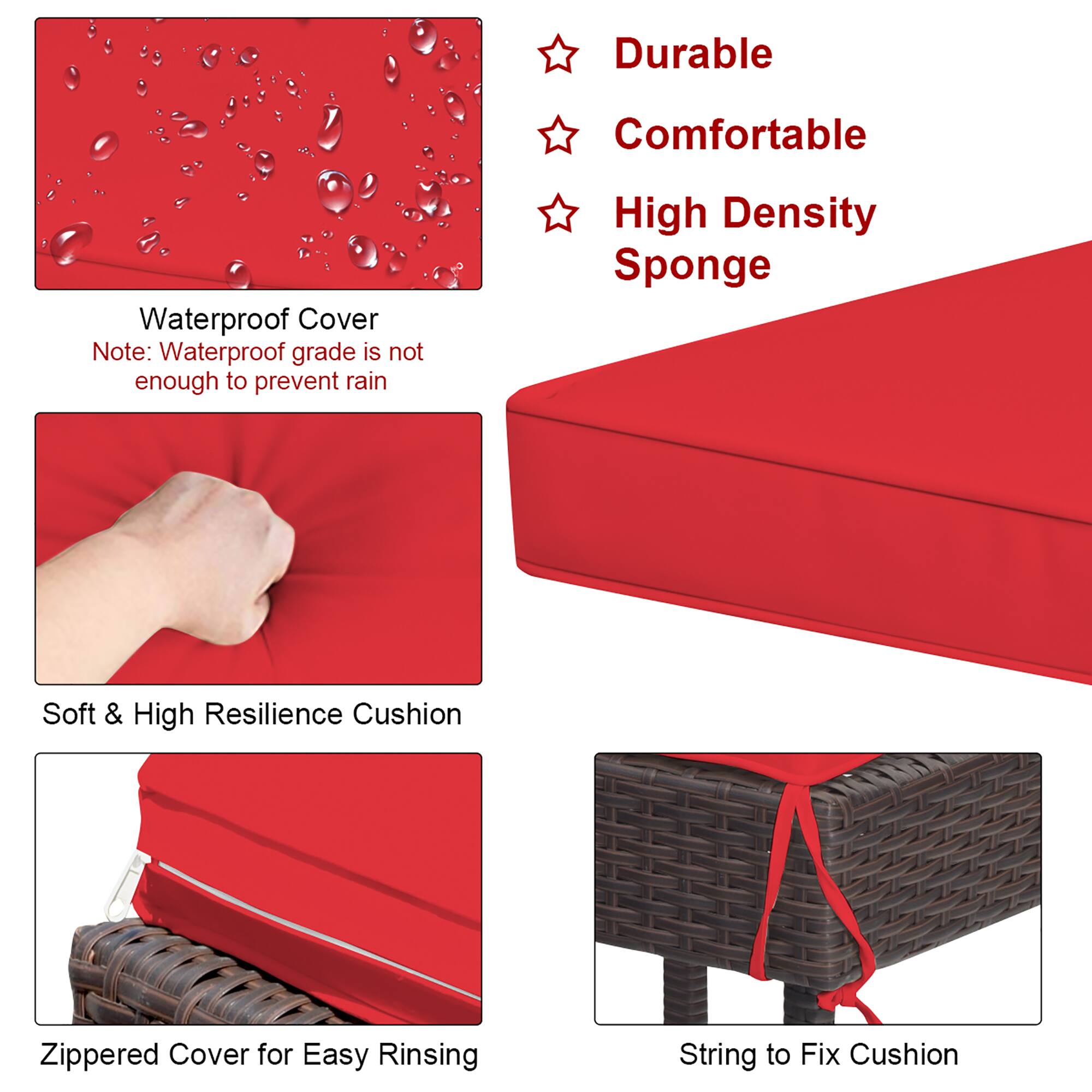 Durable, Comfortable, High Density Sponge, Soft & High Resilience Cushion, Zippered Cover for Easy Rinsing, String to Fix Cushion.