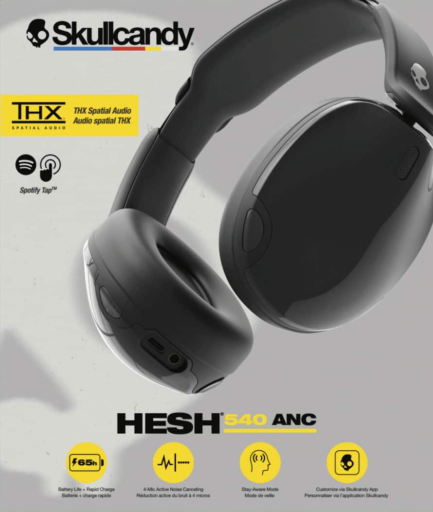The text on the image reads: "Skullcandy THX Spatial Audio Audio spatial THX SPATIAL AUDIO Spotify Tp HESH 540 ANC 465h Battery Life Rapid Charge Batterie + charge rapide 4-Mic Active Noise Canceling Reduction active du bruit a 4 micros Stay-Aware Mode Mode de veile Customize via Skullcandy App Personnaliser via l'application Skullcandy."