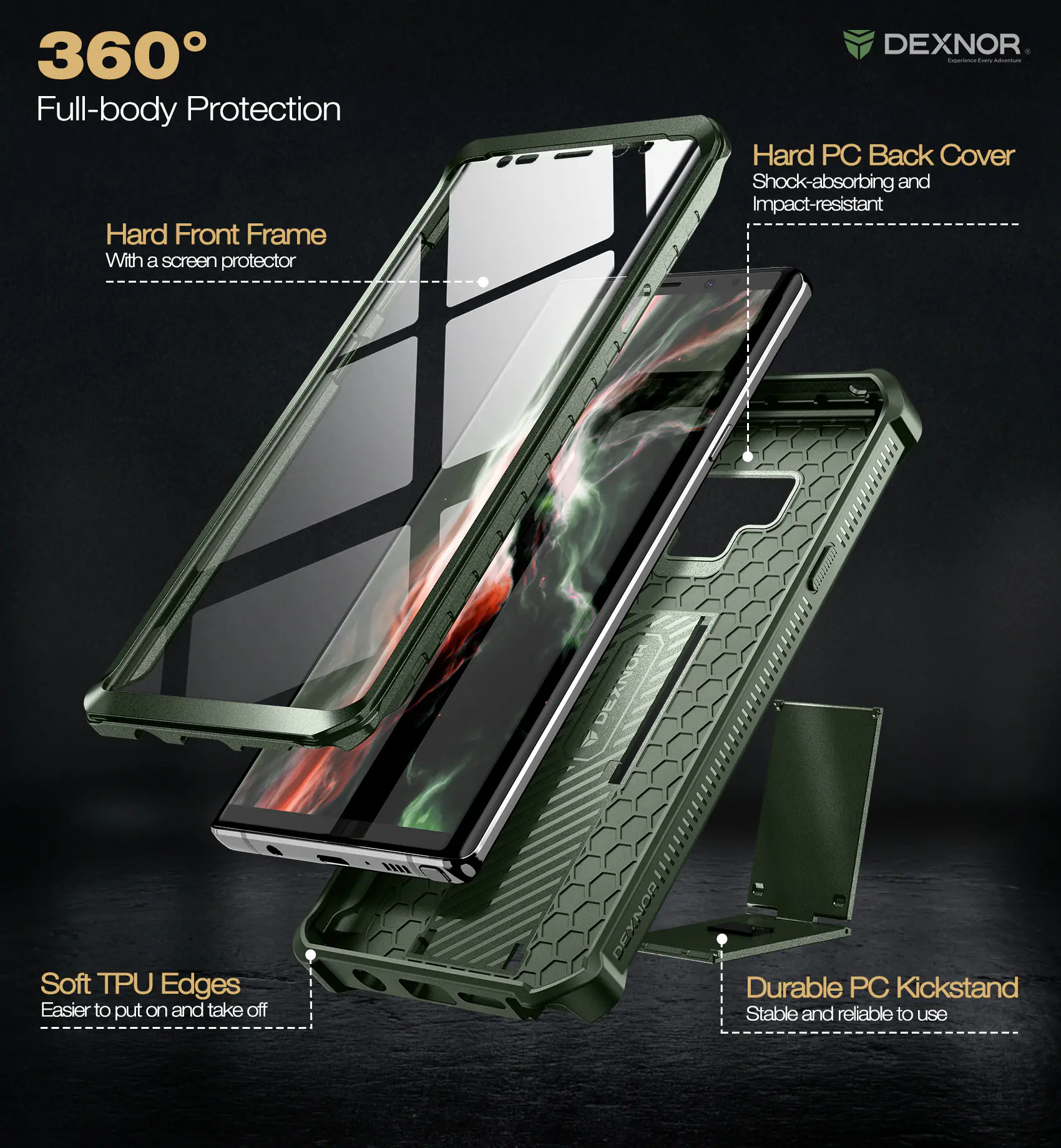 360° Full-body Protection

- Hard Front Frame
  - With a screen protector

- Hard PC Back Cover
  - Shock-absorbing and Impact-resistant

- Soft TPU Edges
  - Easier to put on and take off

- Durable PC Kickstand
  - Stable and reliable to use