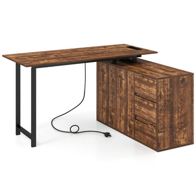 Alt View 5. WELLFOR - 54.5" L Shape Desk with File Cabinet and Power Outlet, Reversible Computer Desk For Home Office - Rustic Brown.