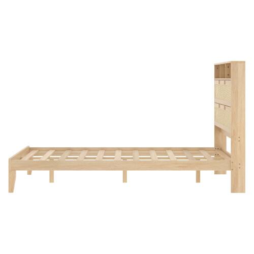 Alt View 2. Winado - Bed Frame with Storage Headboard and Charging Station, Rattan Platform Bed Wood Bed with Shelves, No Box Spring Needed - Natural,Full Size.