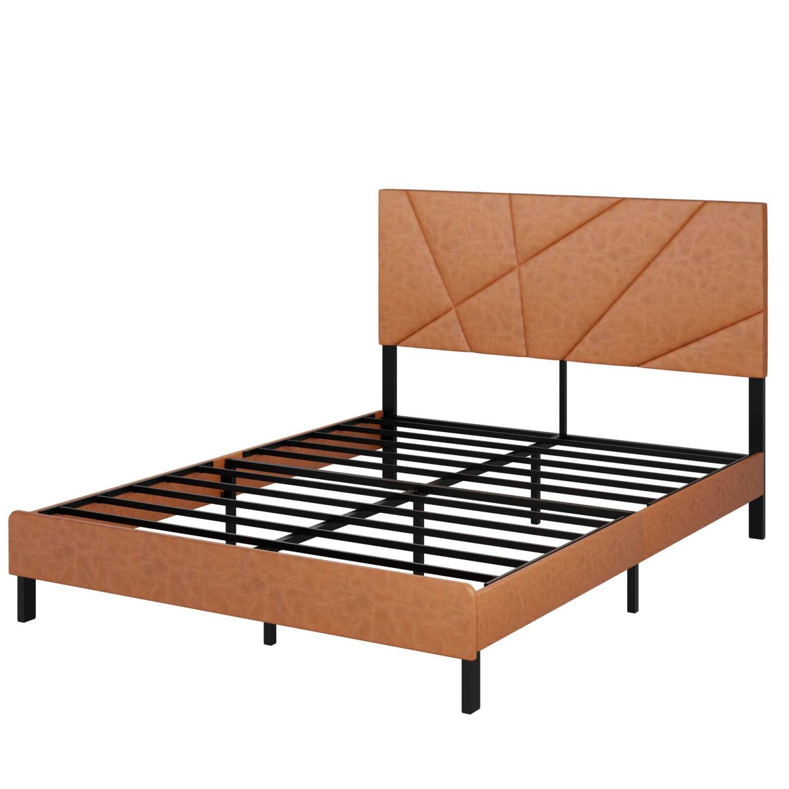 Front. Ecooso - Queen size metal bed frame, square platform bed with under-bed storage, no spring-loaded mattress required - Antique brown.