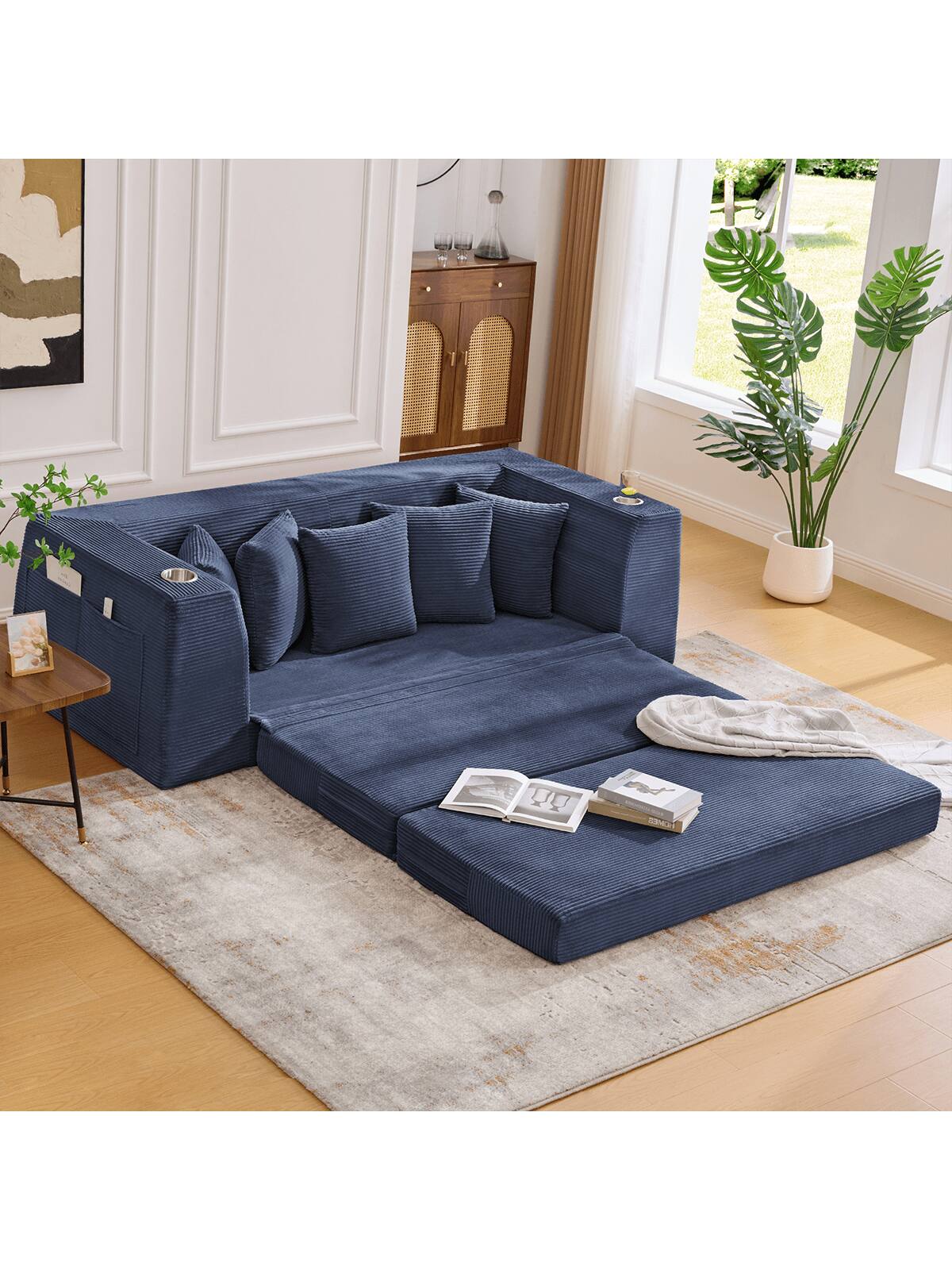 Alt View 4. Trinkets Crazed - 82.25" Convertible Sofa Bed, Loveseat Sleeper Sofa, 2 In 1 Sofa, Corduroy Pull Out Sofa Bed, 5 Pillows, Side Pocket - Blue.