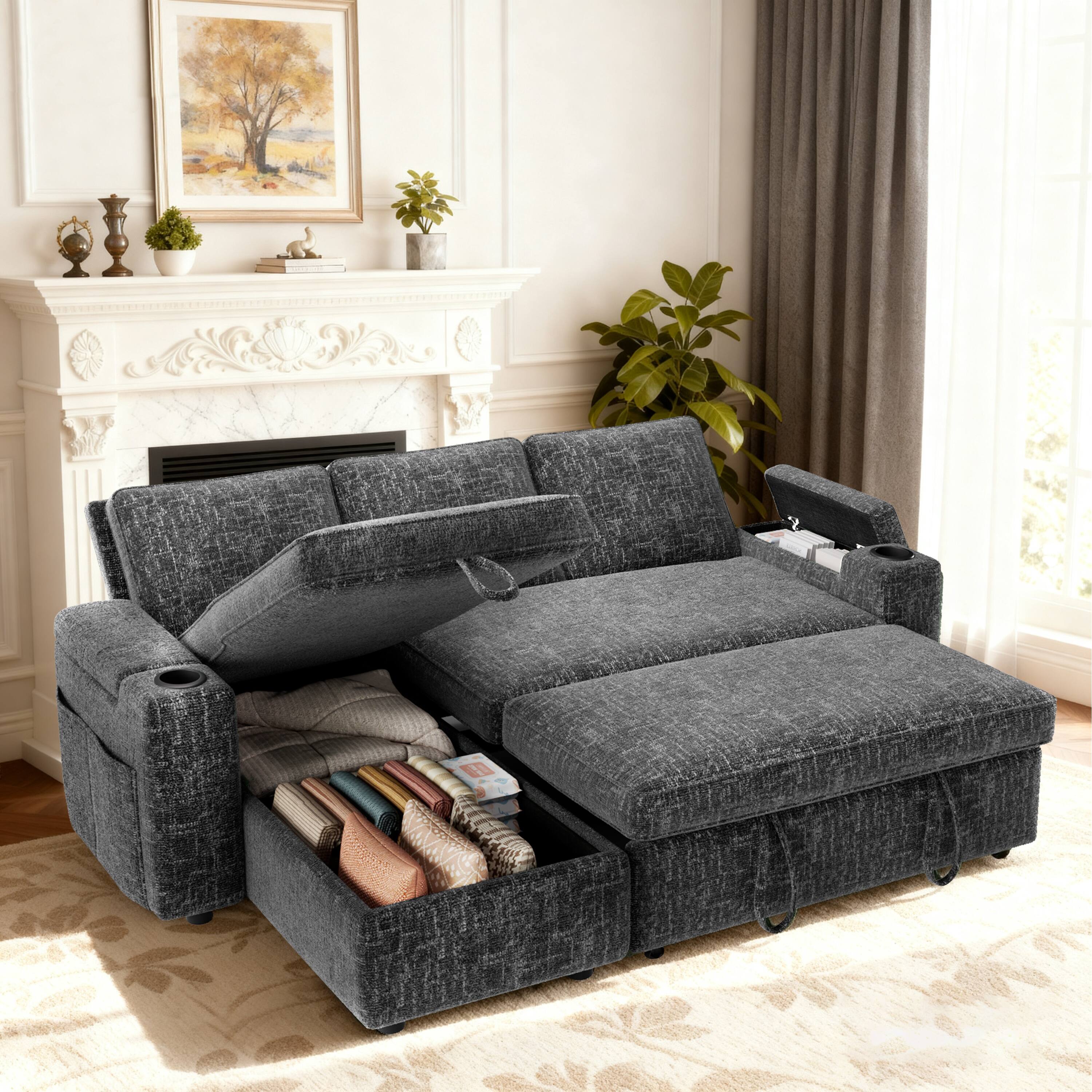 Back. Dyonery - 82" Grey Chenille L Shaped Sectional Sleeper Sofa Bed with Pull Out Bed,Reclining Backrest,Reversible Storage Chaise - Gray.