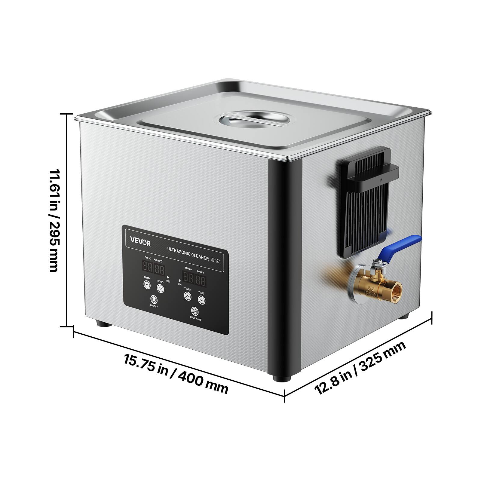 11.61 in / 295 mm

VEVOR 14C ULTRASONIC CLEANER

12.8 in / 325 mm

15.75 in / 400 mm