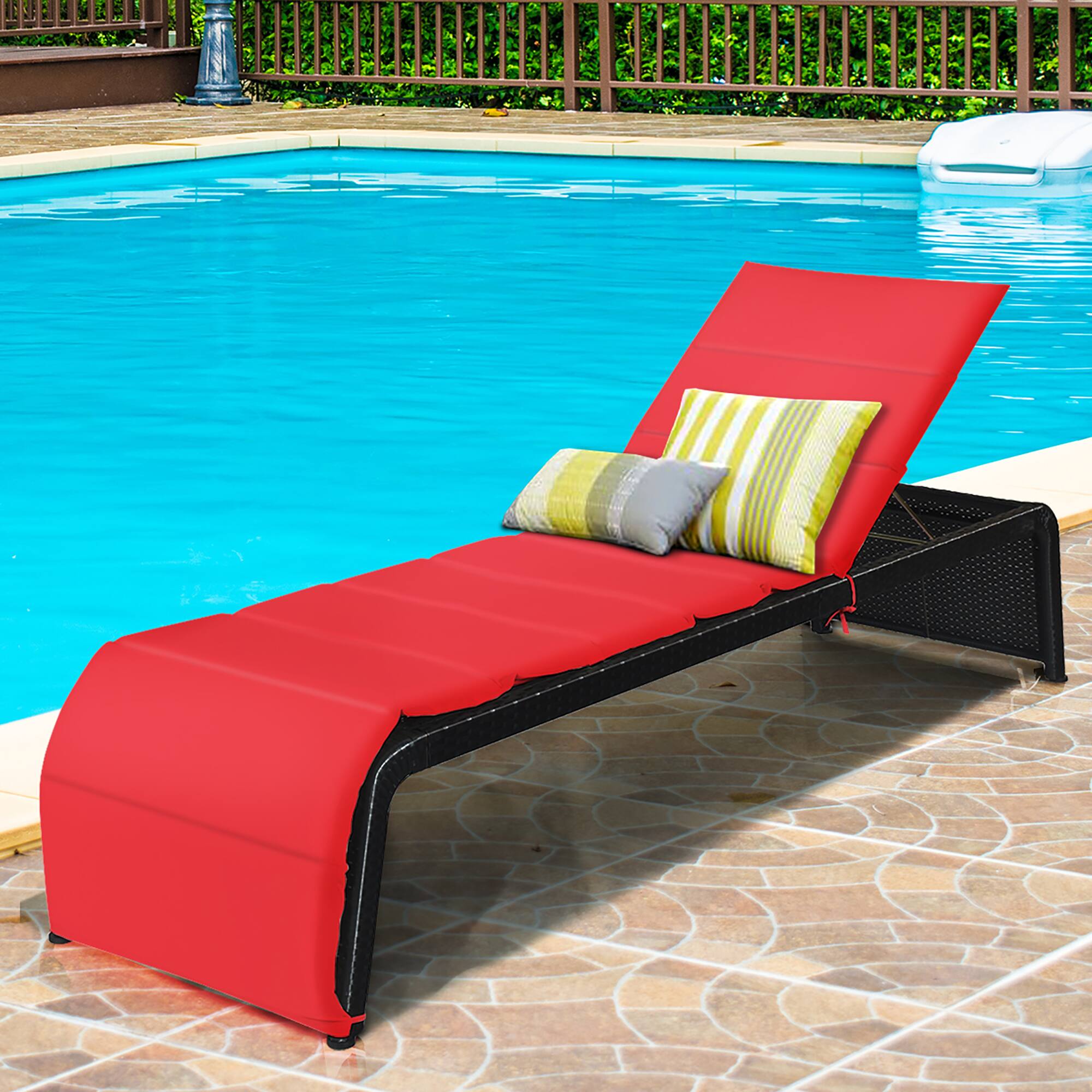 Alt View 2. Costway - Costway Patio Rattan Lounge Chair Chaise Recliner Back Adjustable Cushioned Garden - Red + Black.