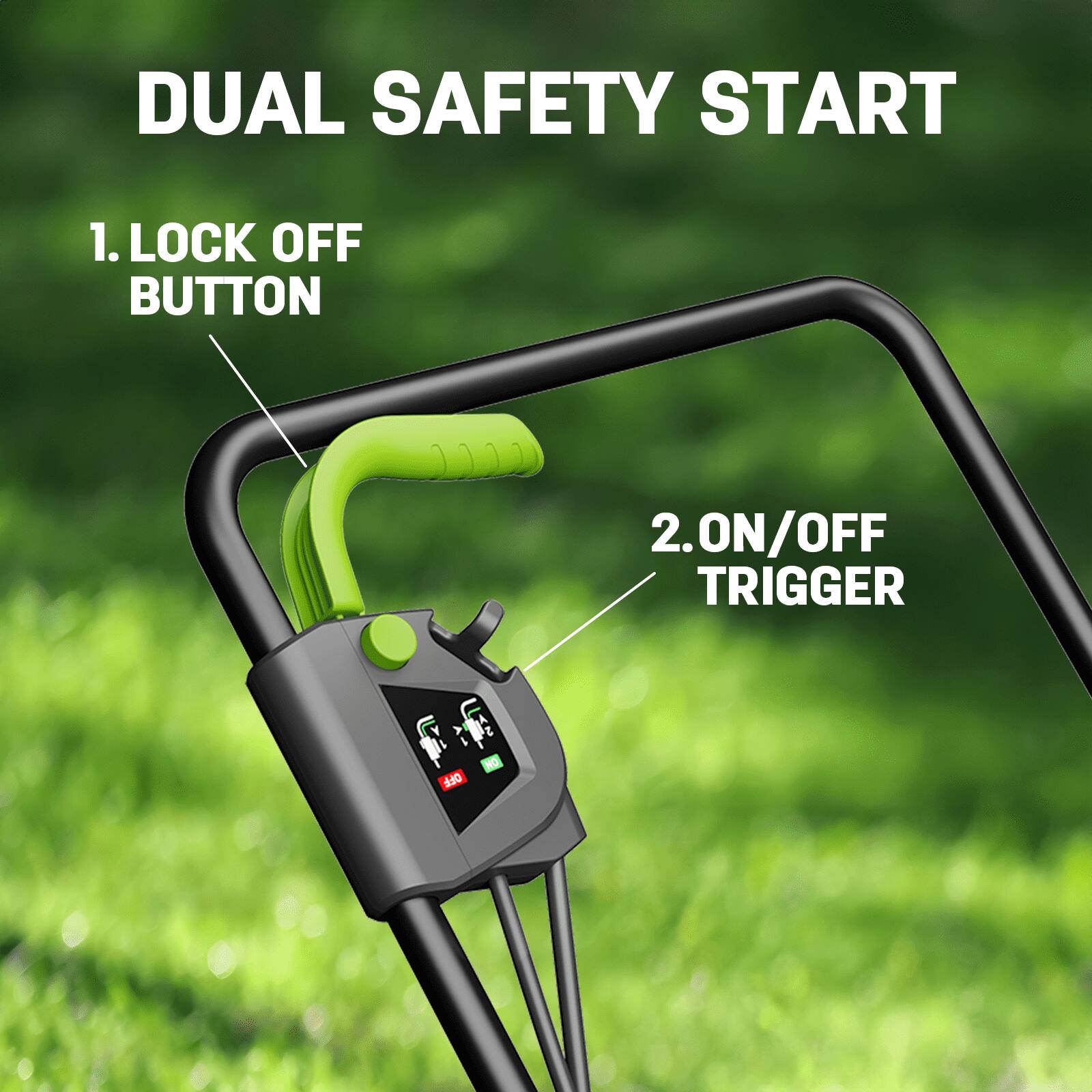 DUAL SAFETY START

1. LOCK OFF BUTTON

2. ON/OFF TRIGGER