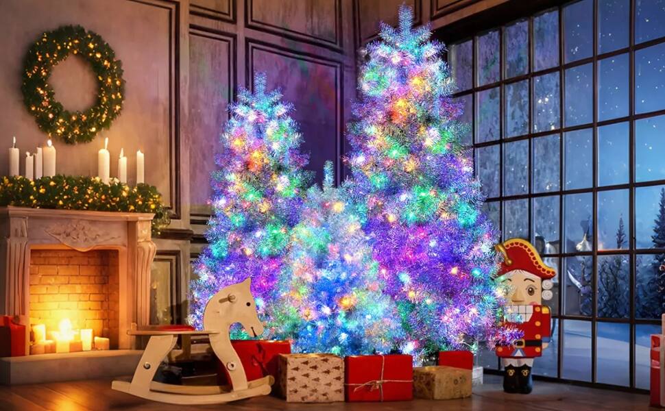 Alt View 6. Tiramisubest - 7.4FT,6FT,4FT Silver Pre-lit Artificial Christmas Tree Set with 2400 Branch Tips,850 LED Lights,11 Lighting Modes - Silver.