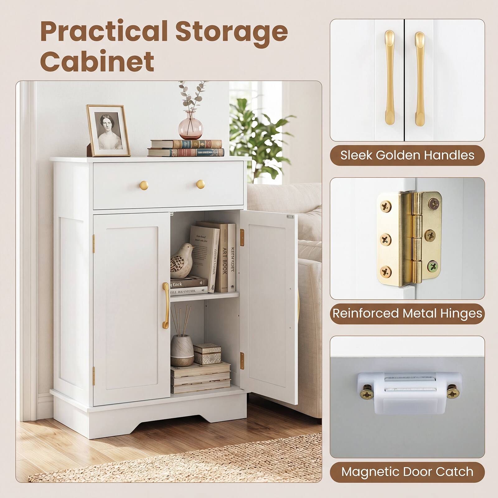 Practical Storage Cabinet

Sleek Golden Handles

Reinforced Metal Hinges

Magnetic Door Catch
