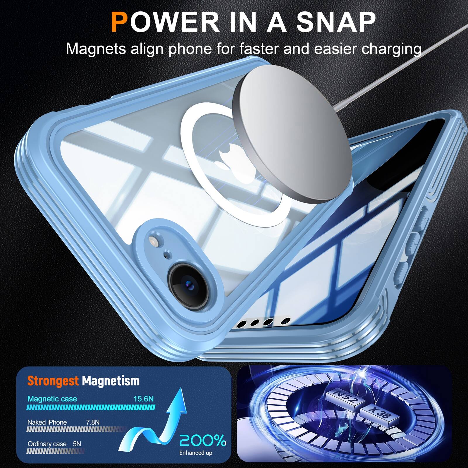 POWER IN A SNAP  
Magnets align phone for faster and easier charging  

Strongest Magnetism  
Magnetic case 15.6N  
Naked iPhone 7.8N  
Ordinary case 5N  

200% Enhanced up  
N52 X38