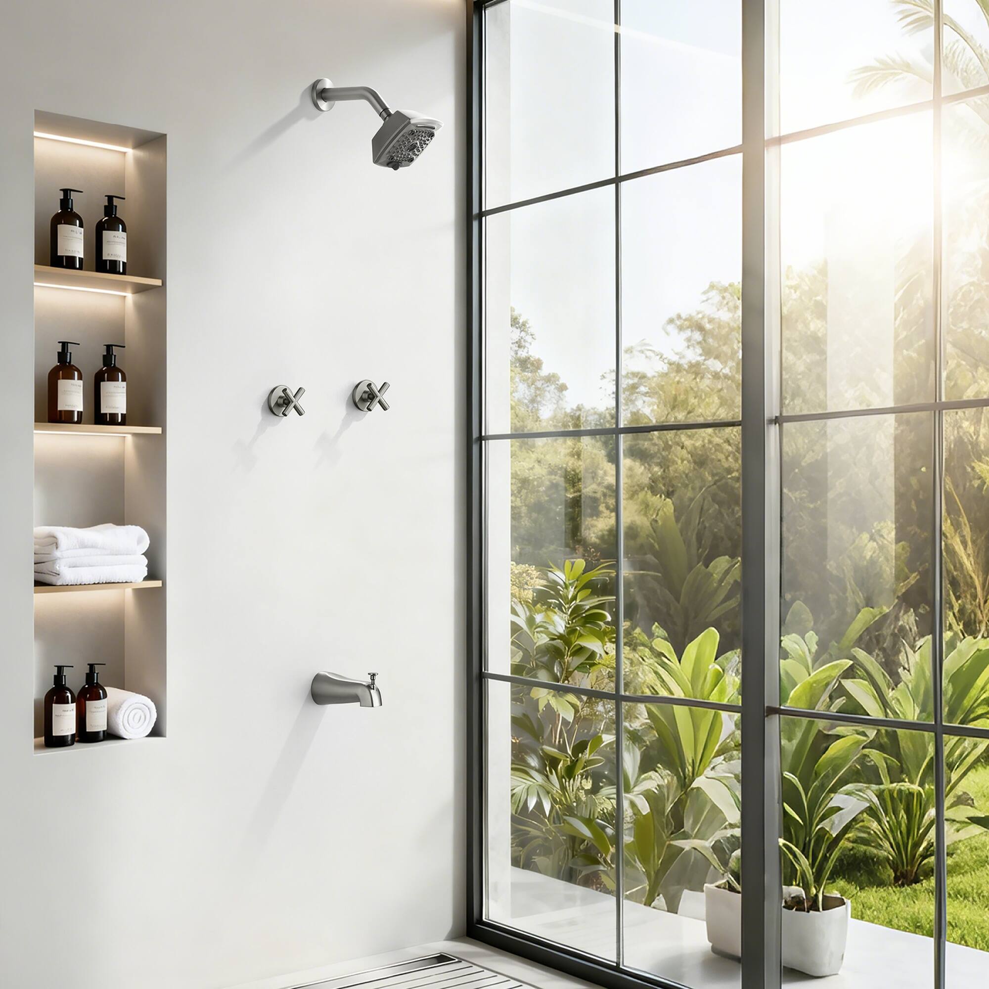 Alt View 1. Boyel Living - Brushed Nickel Tub and Shower Set Brass SUS304 Dual Handle 5-Function Top Spray High-Flow - Silver.