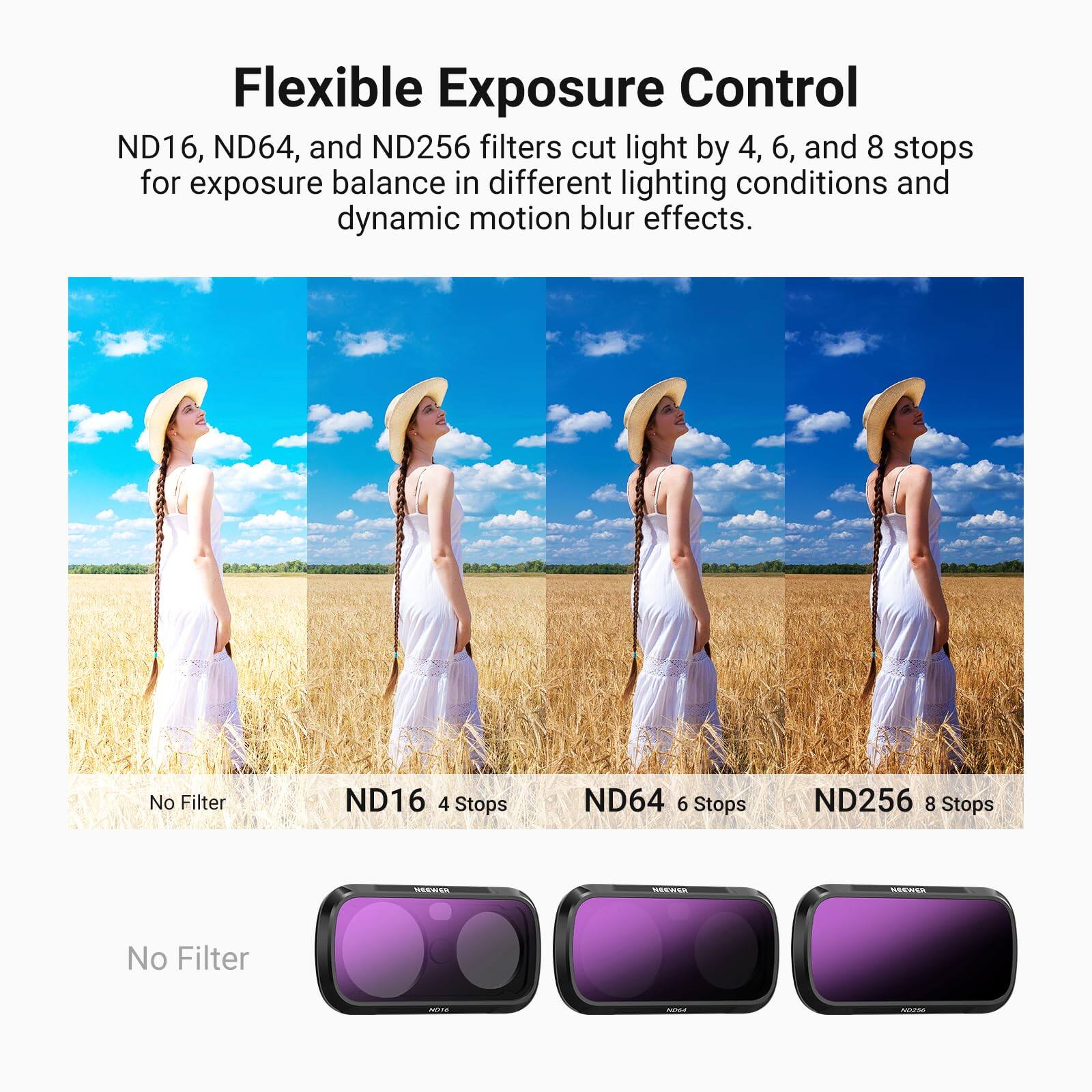 Flexible Exposure Control ND16, ND64, and ND256 filters cut light by 4, 6, and 8 stops for exposure balance in different lighting conditions and dynamic motion blur effects.

No Filter
ND16 4 Stops
ND64 6 Stops
ND256 8 Stops

WEEWER
NEEWER
NEEWER

No Filter