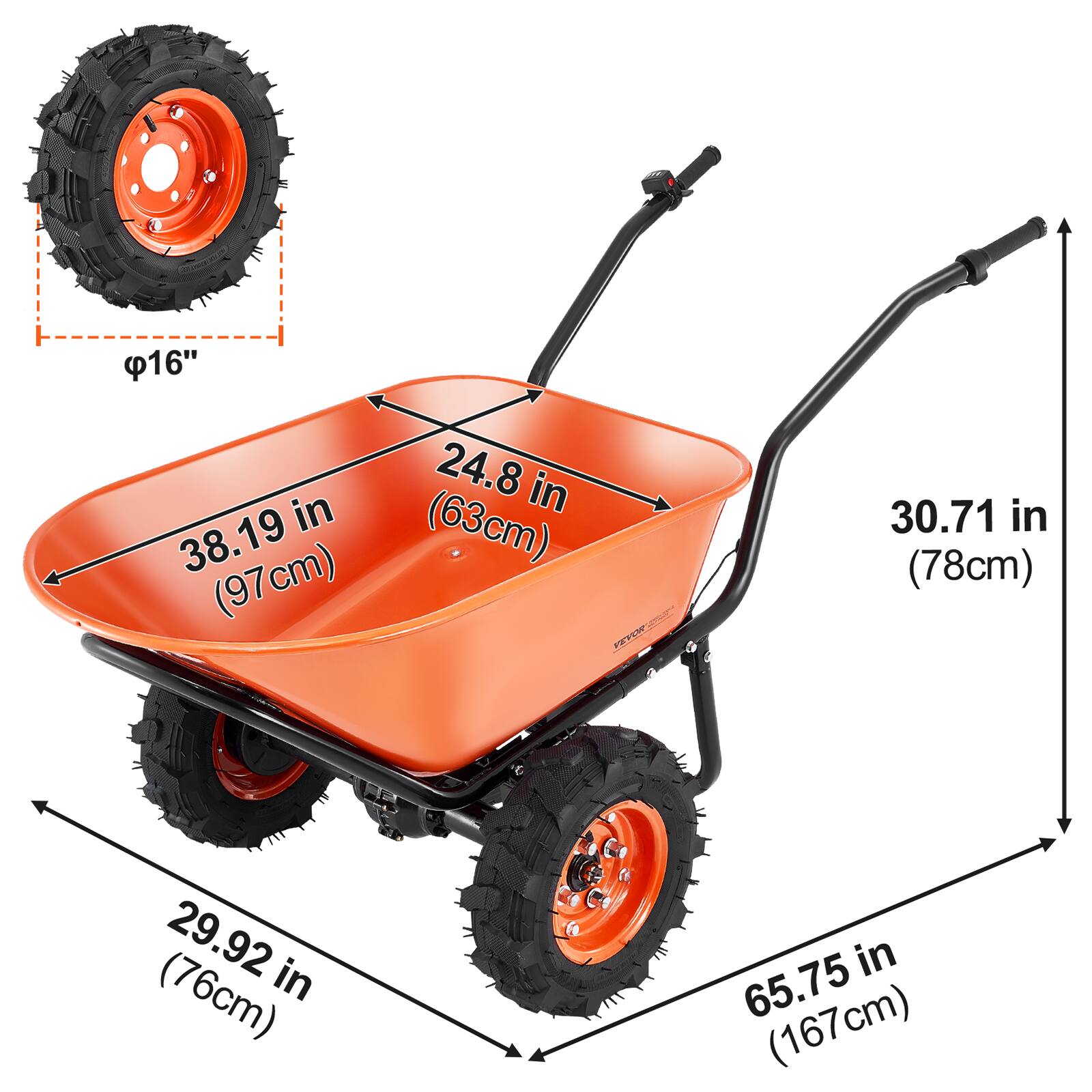 16"  
24.8 in (63 cm)  
38.19 in (97 cm)  
30.71 in (78 cm)  
29.92 in (76 cm)  
65.75 in (167 cm)