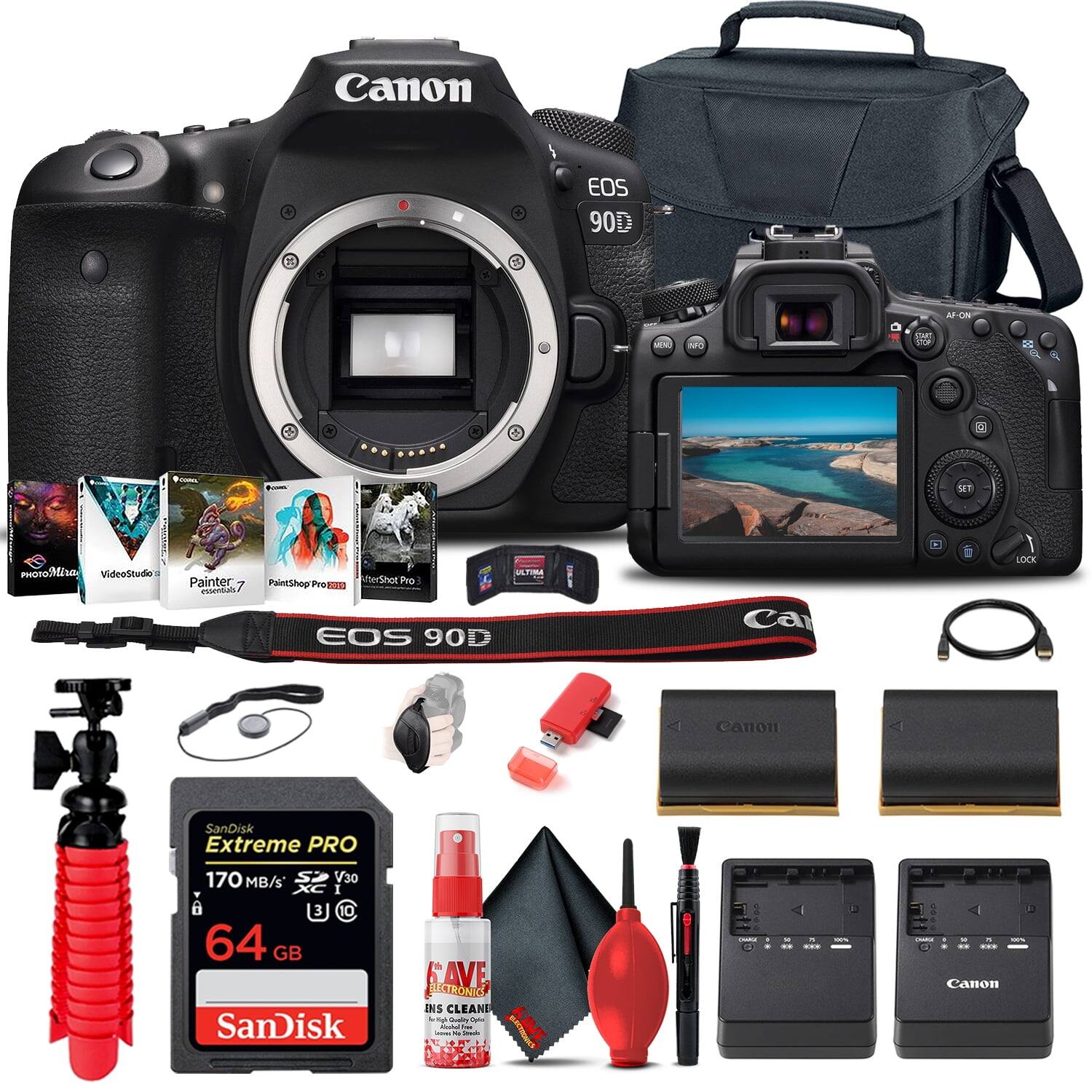 Canon EOS 90D  
AFCM MN M VO  
V ..... 2 SE PHOTOIU  
VideeStudio Painter essean  
PaintShop nernat Pro Pre 220RD  
EOS 90D Ca I LOCK A  
Canon SanDisk Extreme PRO 170 MB/s V30  
3 10 64 GB  
SanDisk SAVE ELECTRONIC CLEANER  
KAVE  

Canon EOS 90D  
SanDisk Extreme PRO 170 MB/s V30 64 GB  
Canon Battery Charger  
Canon Battery  
Canon Strap  
Canon Lens Hood  
Canon Remote Control  
Canon Lens Cap  
Canon Cleaning Kit  
Canon Tripod  
Canon Memory Card Reader  
Canon USB Cable  
Canon Software (PhotoMix, VideoStudio, Painter 7, PaintShop Pro X7, AfterShot Pro 3)