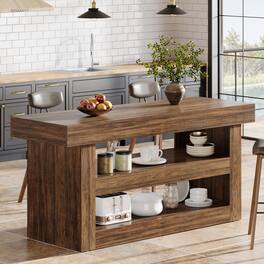 Tribesigns - 55.1-Inch Farmhouse Kitchen Island with Large Worktop and 3-Tier Storage for Kitchen or Dining Room - Rustic Brown