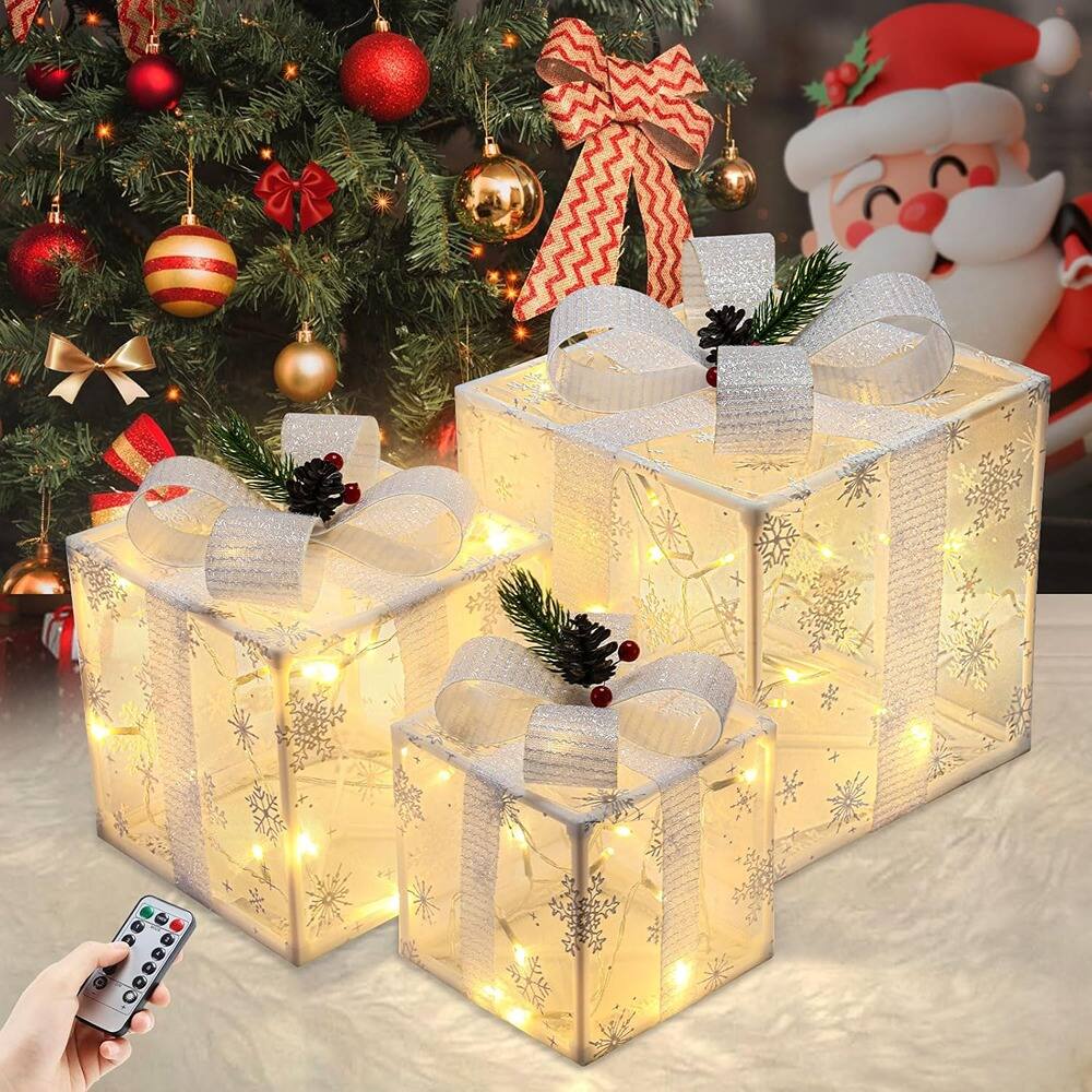 RTMB - 3-Pack Lighted Christmas Gift Boxes, Battery-Operated, Indoor/Outdoor Decor - Style: White
