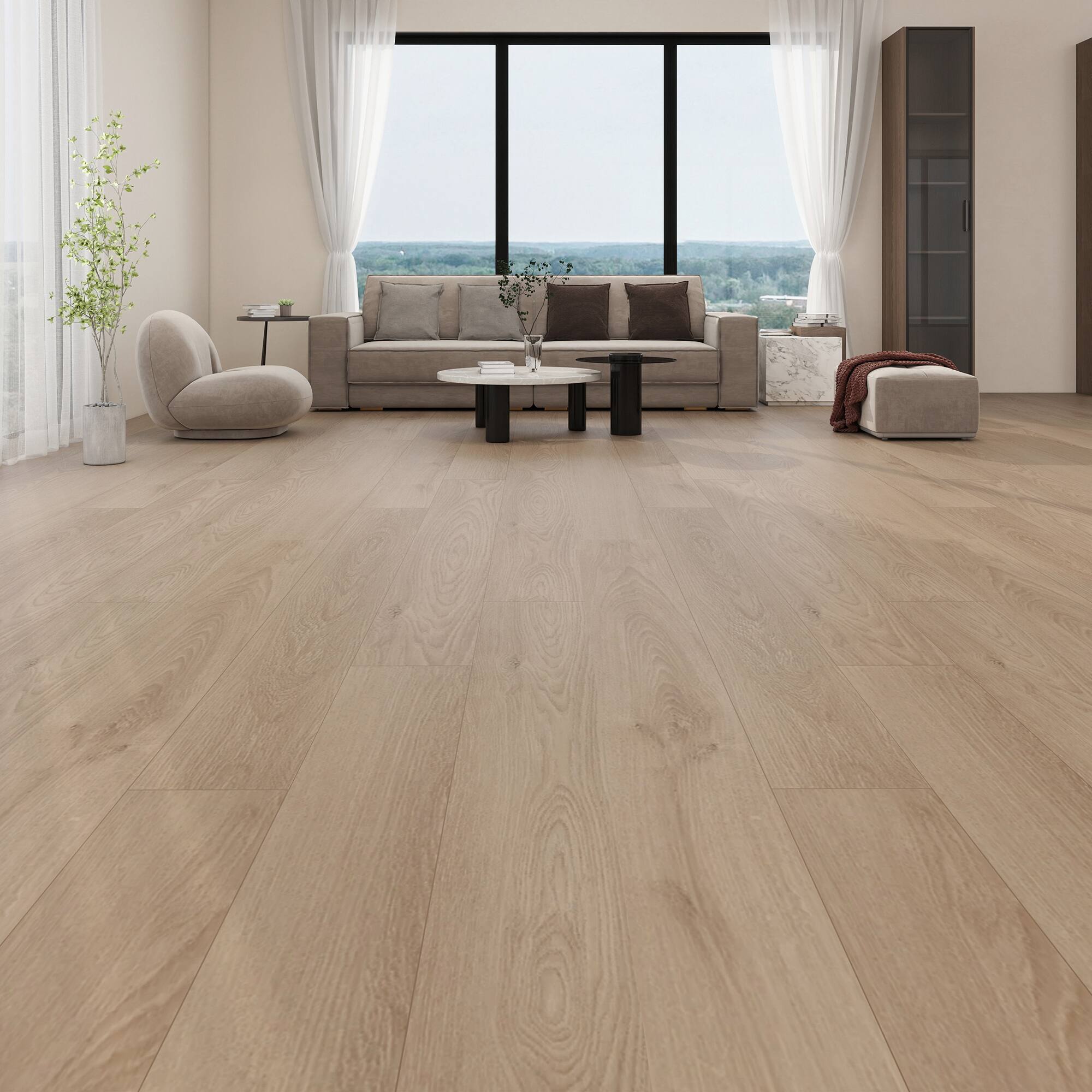 Angle. Dotfloor - Superoak SEKET Laminate Flooring - 48"x7.7" Planks, 8 Planks/Box (20.56 sq ft/Box), 12mm Thick, AC4 Wear Rating - Natural Clean.