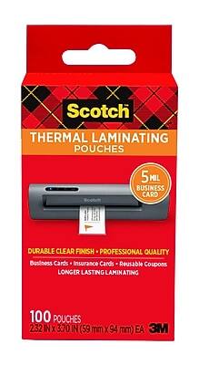 Scotch Thermal Laminating Pouches  
5 Mil Business Card  
Durable Clear Finish - Professional Quality  
Business Cards - Insurance Cards - Reusable Coupons  
Longer Lasting Laminating  
100 Pouches  
2.32 IN x 3.70 IN (59 mm x 94 mm) EA  
3M