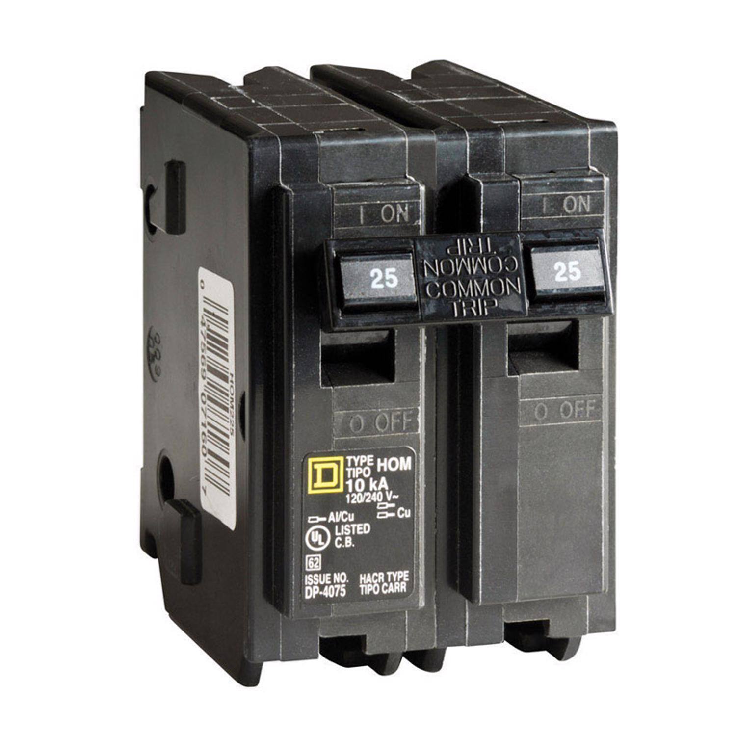 160  
ON ON | TRIP 25 COMMON 25 COMMON TRIP 0 OFF 0 OFF  
TYPE HOM TIPO 10 kA 120/240 V- Cu LISTED UL .. 62 ISSUE NO. HACR TYPE DP-4075 TIPO CARR