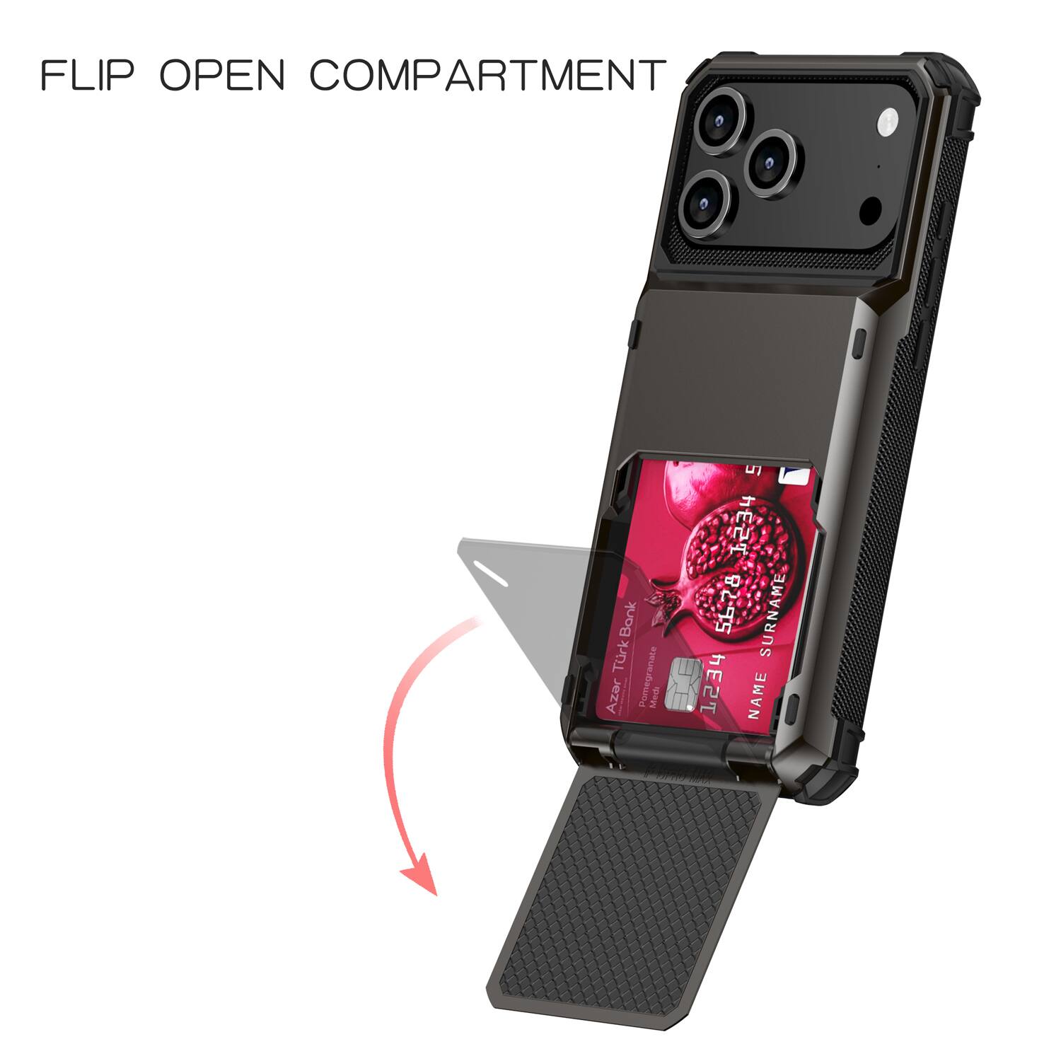 FLIP OPEN COMPARTMENT

Bonk Trk caie Azar | Pomegranat Medi T hT 5678

SURNAME 1234 NAME