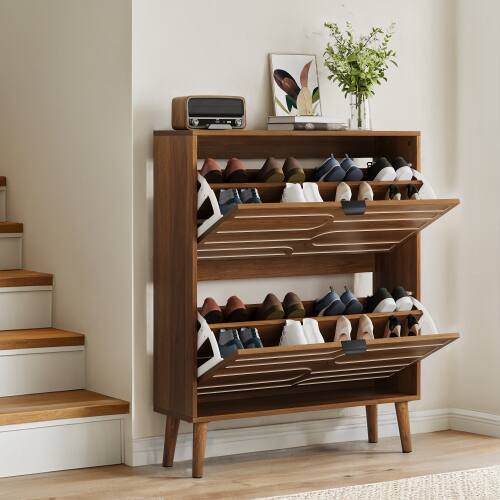 Left. LUCKY ONE - 31.5in Freestanding Walnut Shoe Cabinet with 2 Flip Drawers Paperclip Groove for Entryway - Walnut.