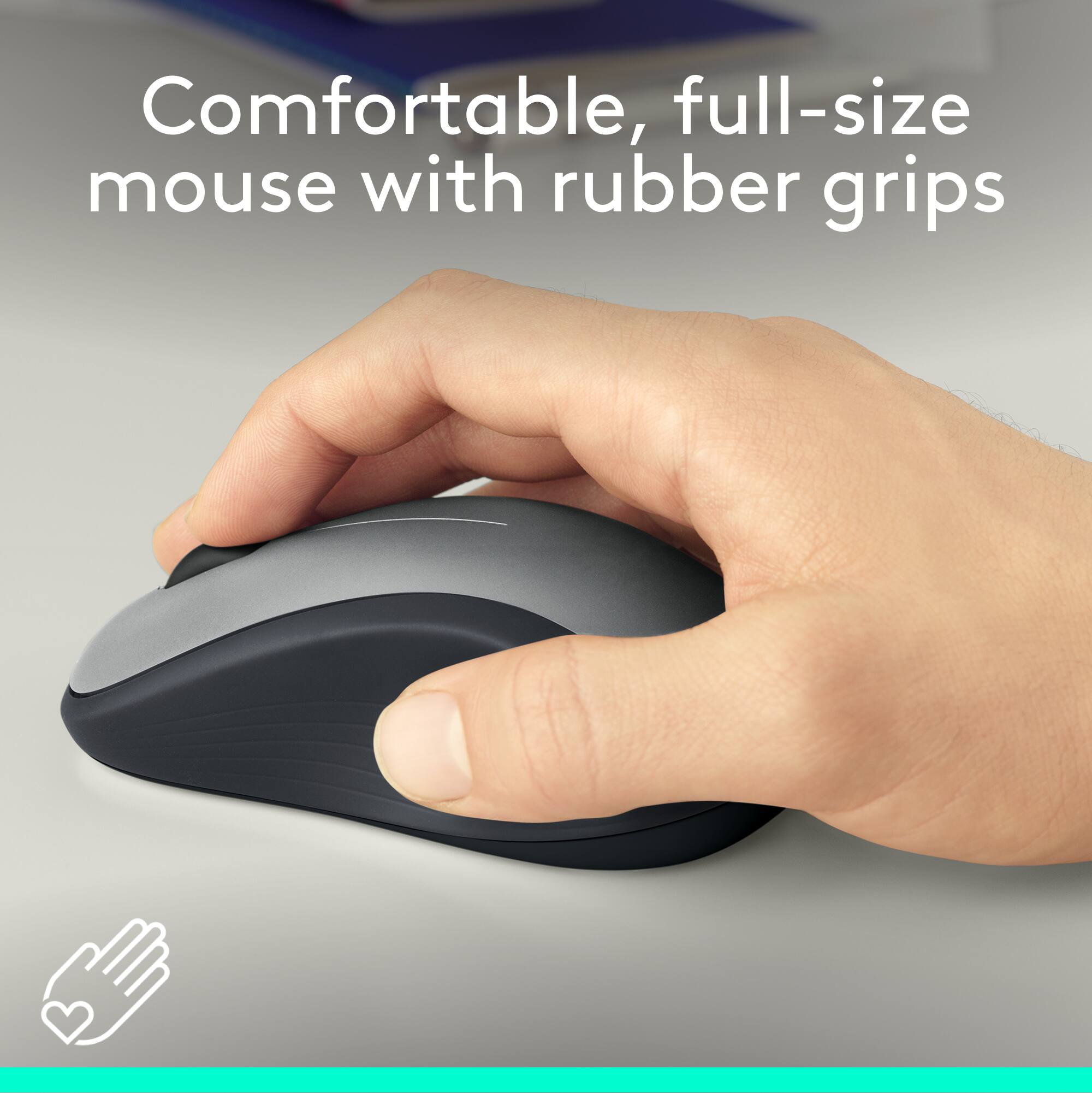 Comfortable, full-size mouse with rubber grips.