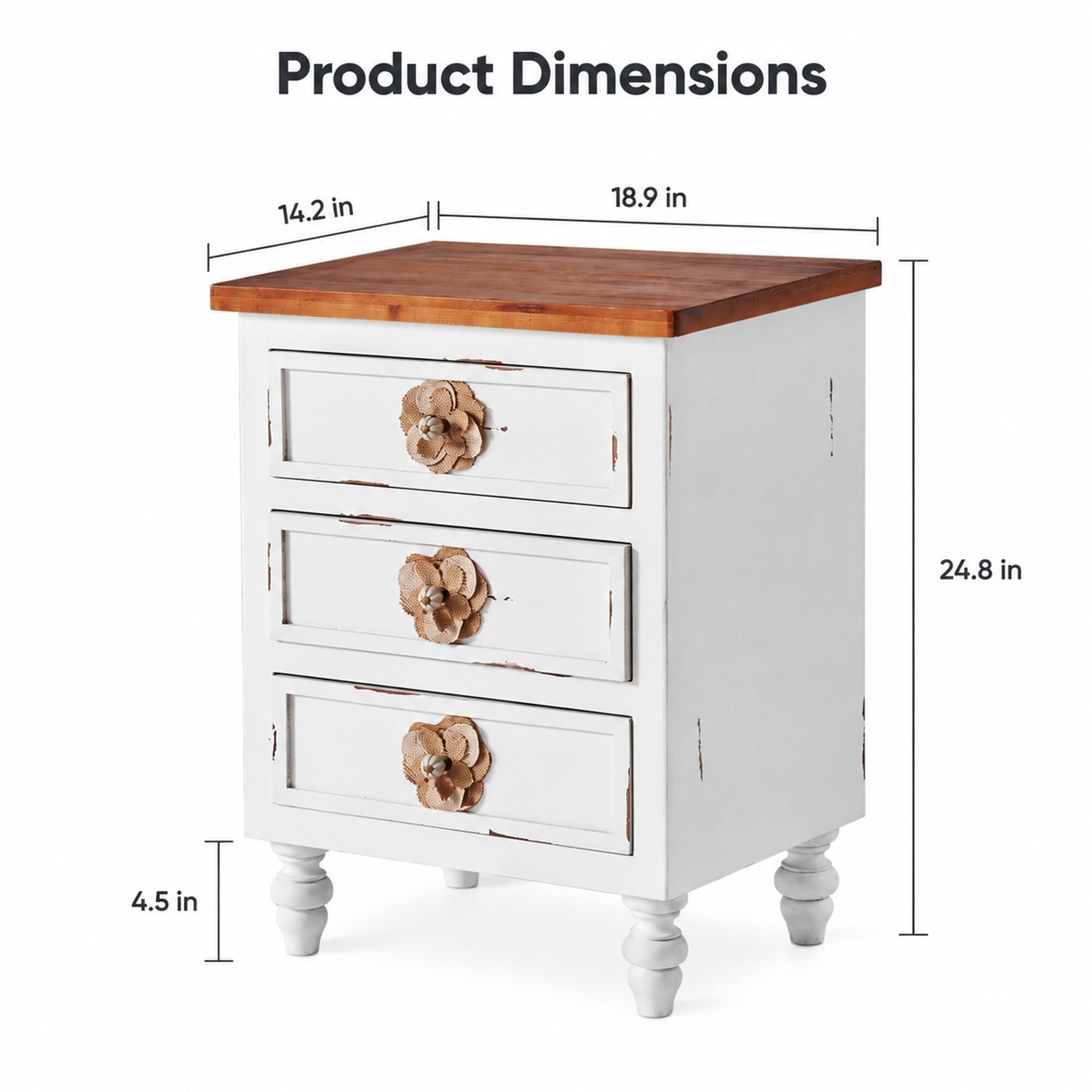 RYHNUYNE Rustic 3 Drawer Nightstand, 18.9 in Distressed White End Table ...