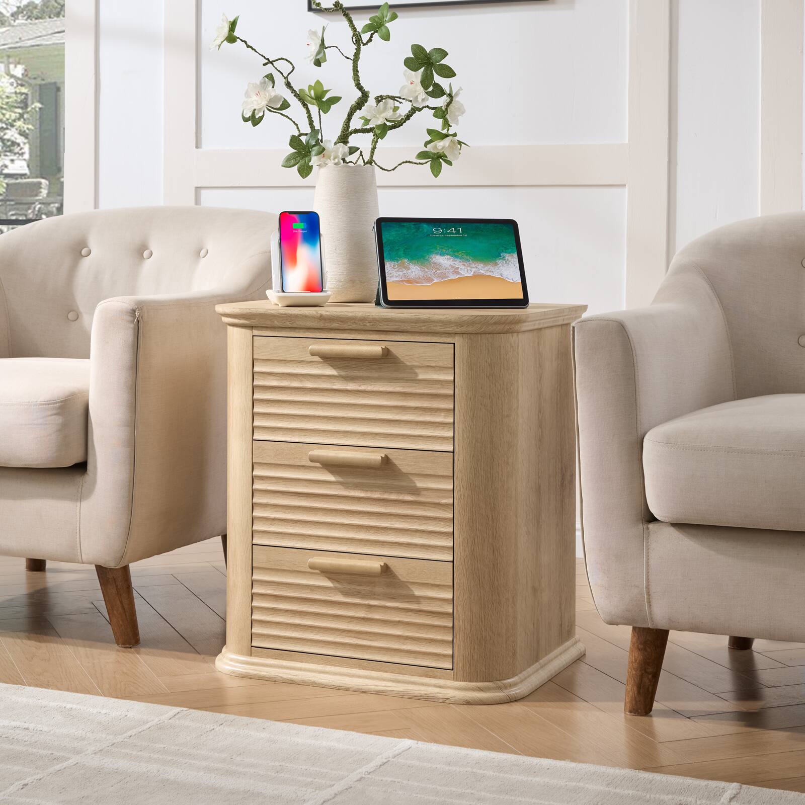 Forest'nSky - Wood 3 drawer 22 in. Wide Chest of Drawers with Charging Station for Living Room - Oak