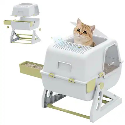 Front. Pawhut - Cat Litter Box with Lid, Enclosed Cat Litter Box with Deodorization Bag & Drawer Pan - Yellow.
