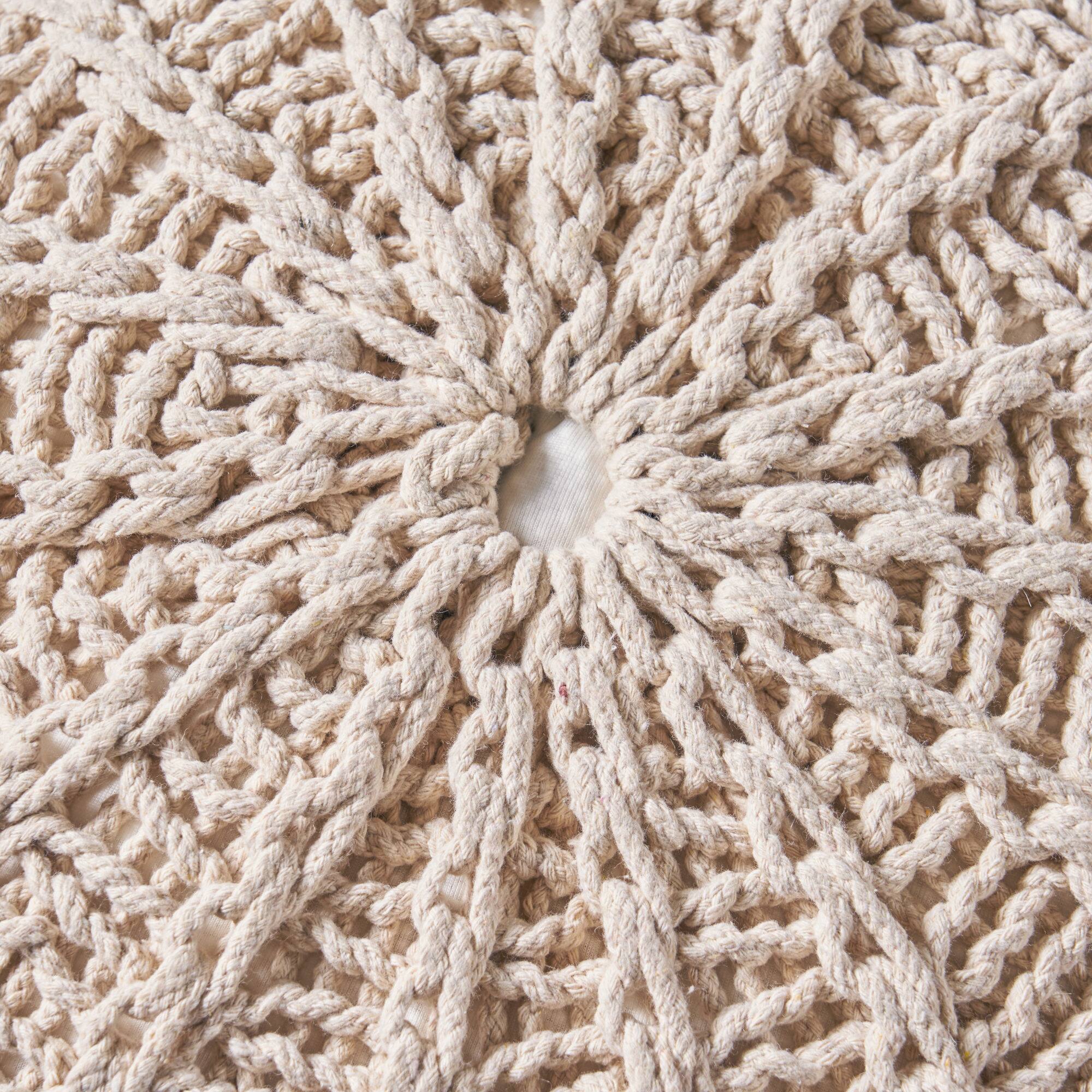 Left. GOODSILO - Knitted Cotton Round Pouf Ottoman Floor Cushion Stylish Home Decor Accessory - Beige.