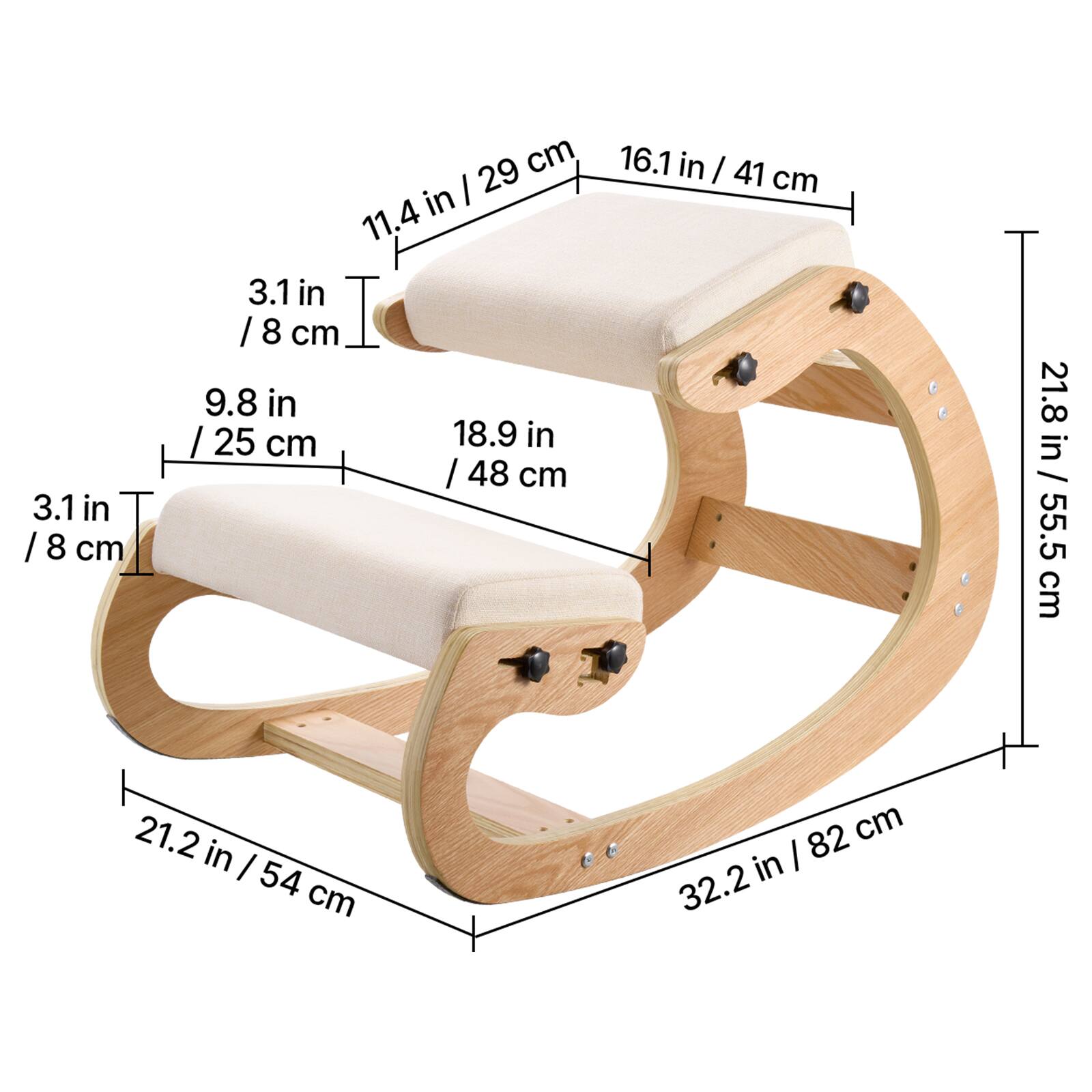 3.1 in / 8 cm  
9.8 in / 25 cm  
11.4 in / 29 cm  
16.1 in / 41 cm  
18.9 in / 48 cm  
21.2 in / 54 cm  
21.8 in / 55.5 cm  
32.2 in / 82 cm