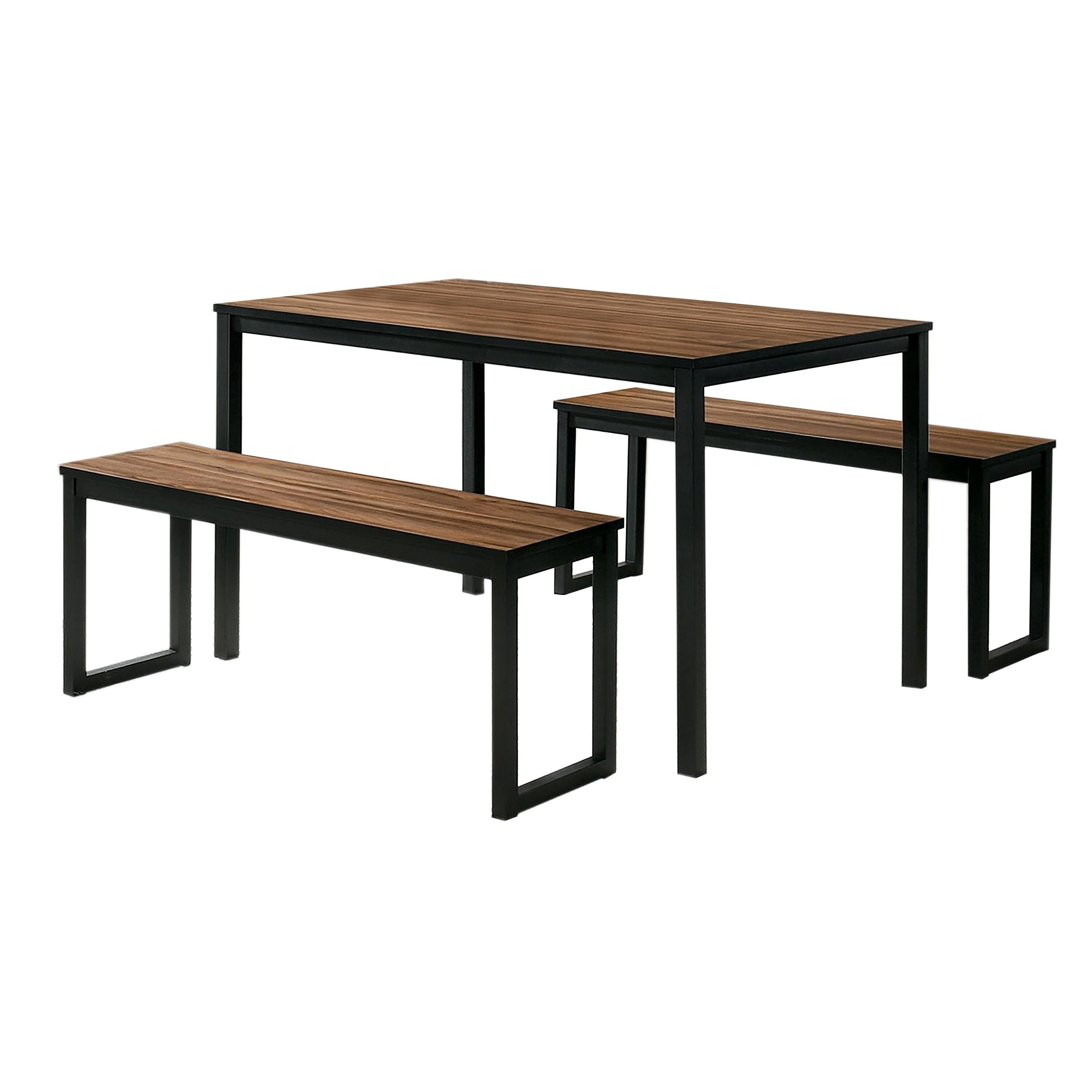 Manhattan Lane - 3 Piece Dining Table Set, 2 Benches, Brown Wood Grain Top, Black Metal - Brown, Black