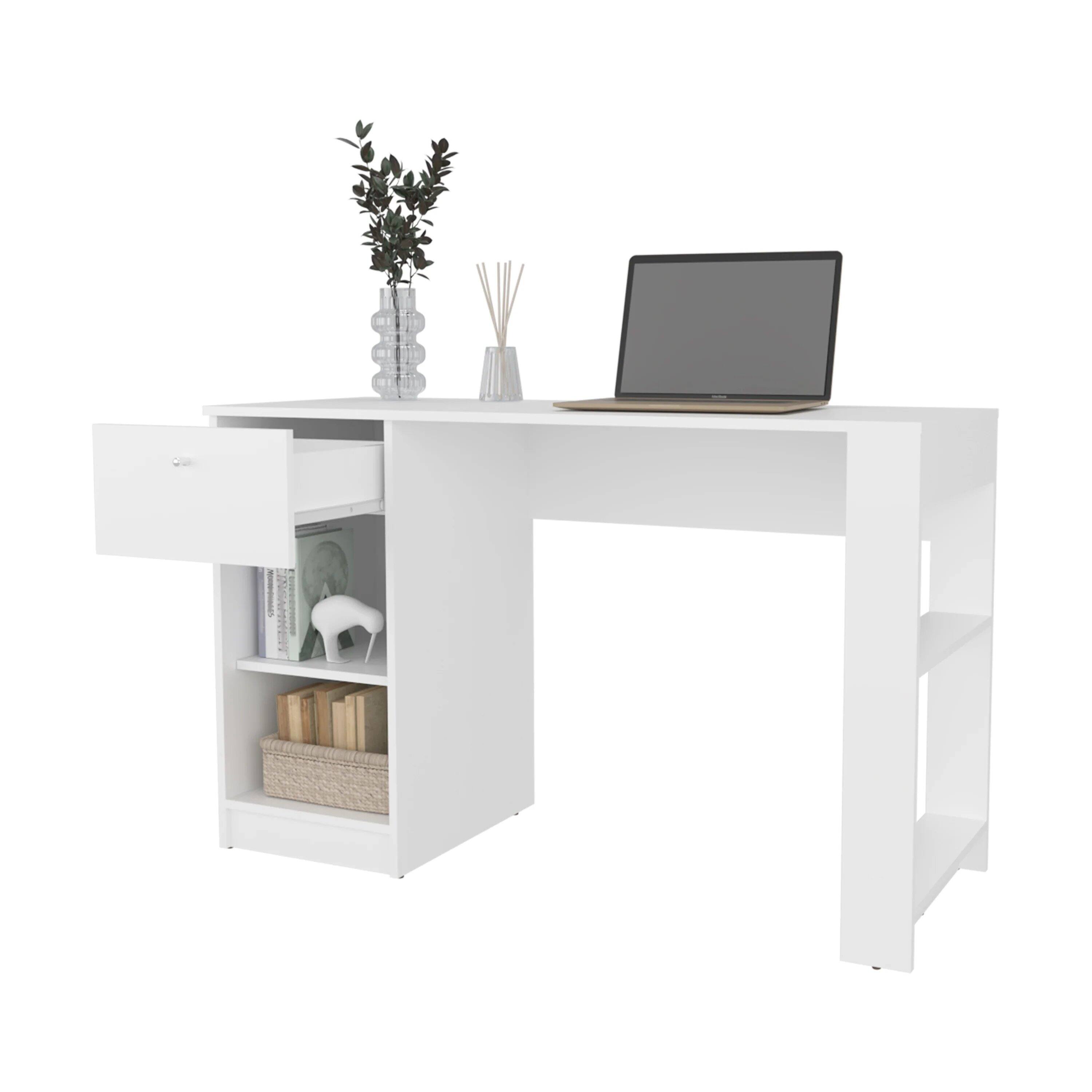 Back. TinyHomie - White Computer Desk with Drawer and Open Storage - White.