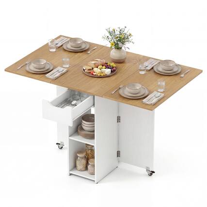 Front. Gymax - Gymax Folding Dining Table w/2 Open Shelves & Drawer 2 Lockable Universal Wheels Natural & Black - Natural.