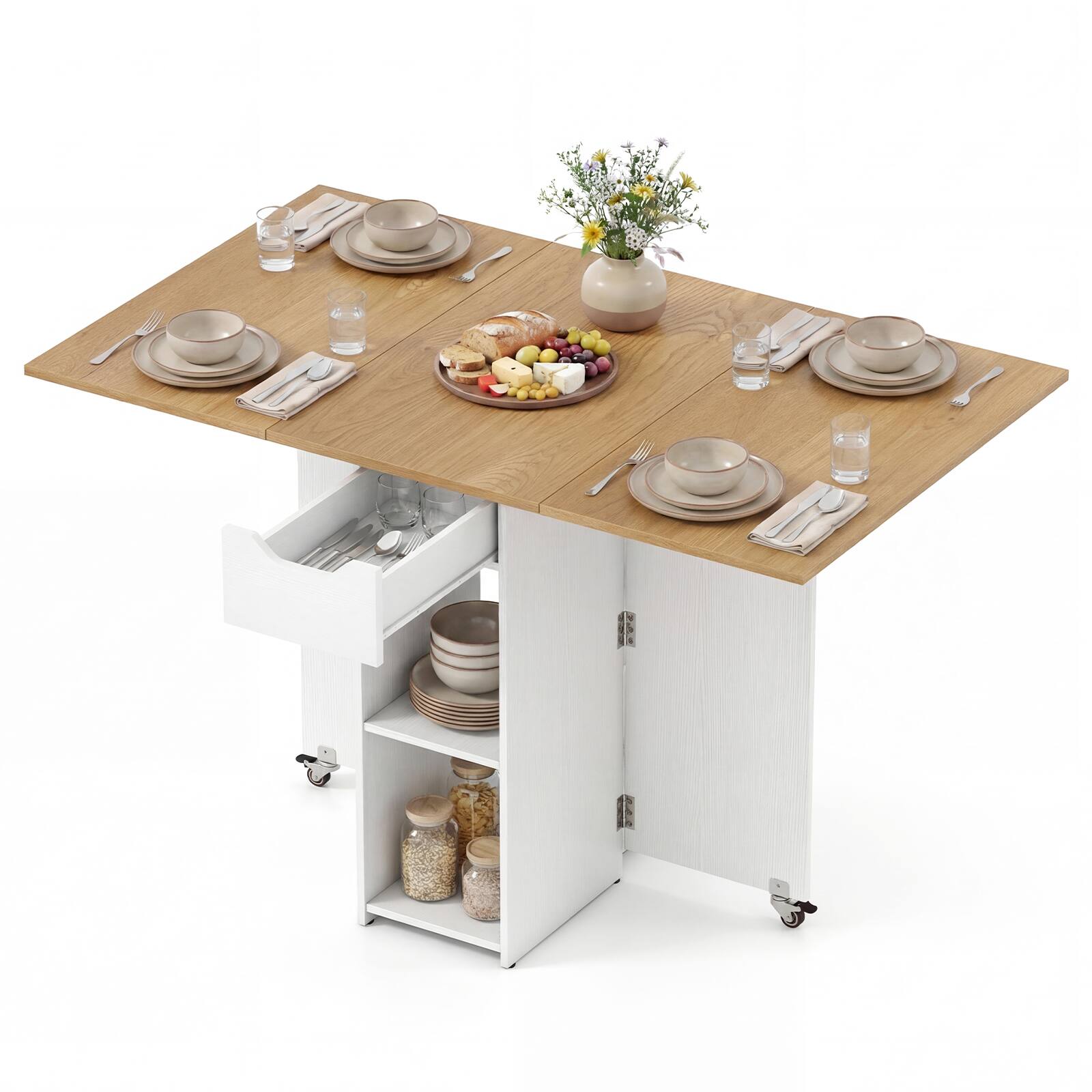 Front. Gymax - Gymax Folding Dining Table w/2 Open Shelves & Drawer 2 Lockable Universal Wheels Natural & Black - Natural.