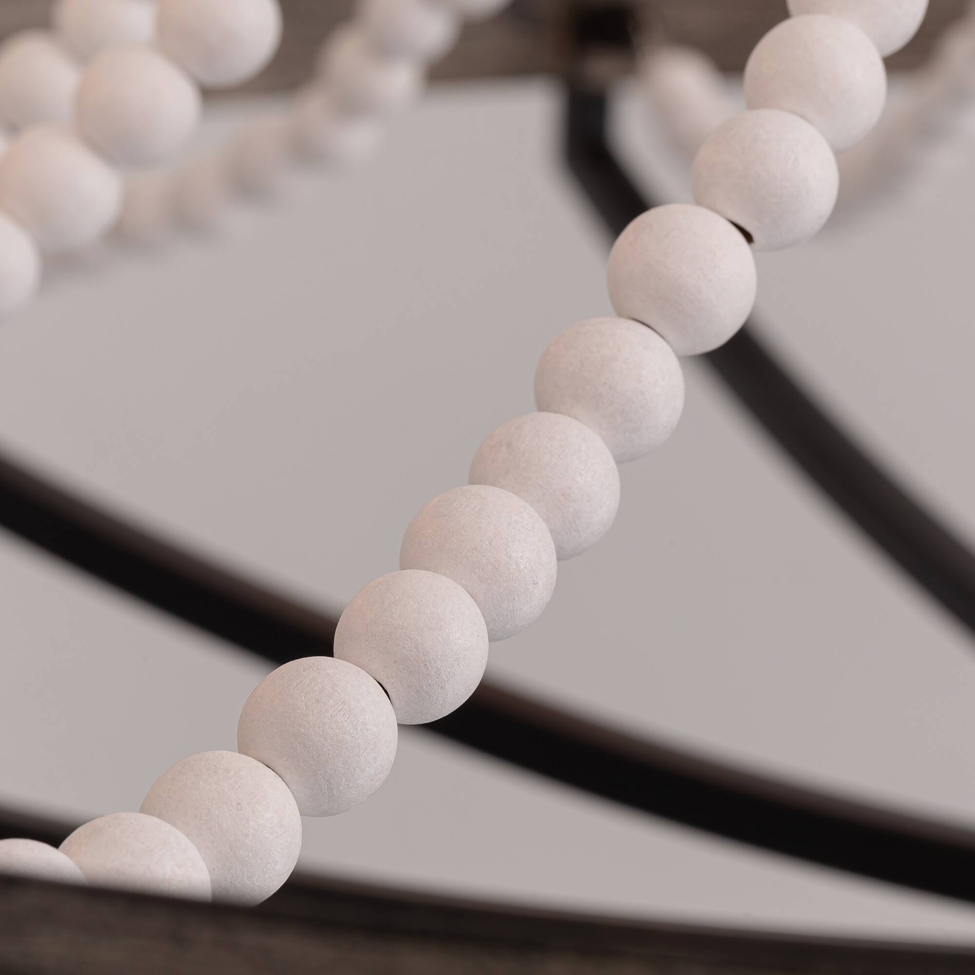 Left. Siljoy - 12-Light White Wood Bead Chandelier, E12 Bulb, Adjustable Height, Rustic Bohemian Pendant Light.