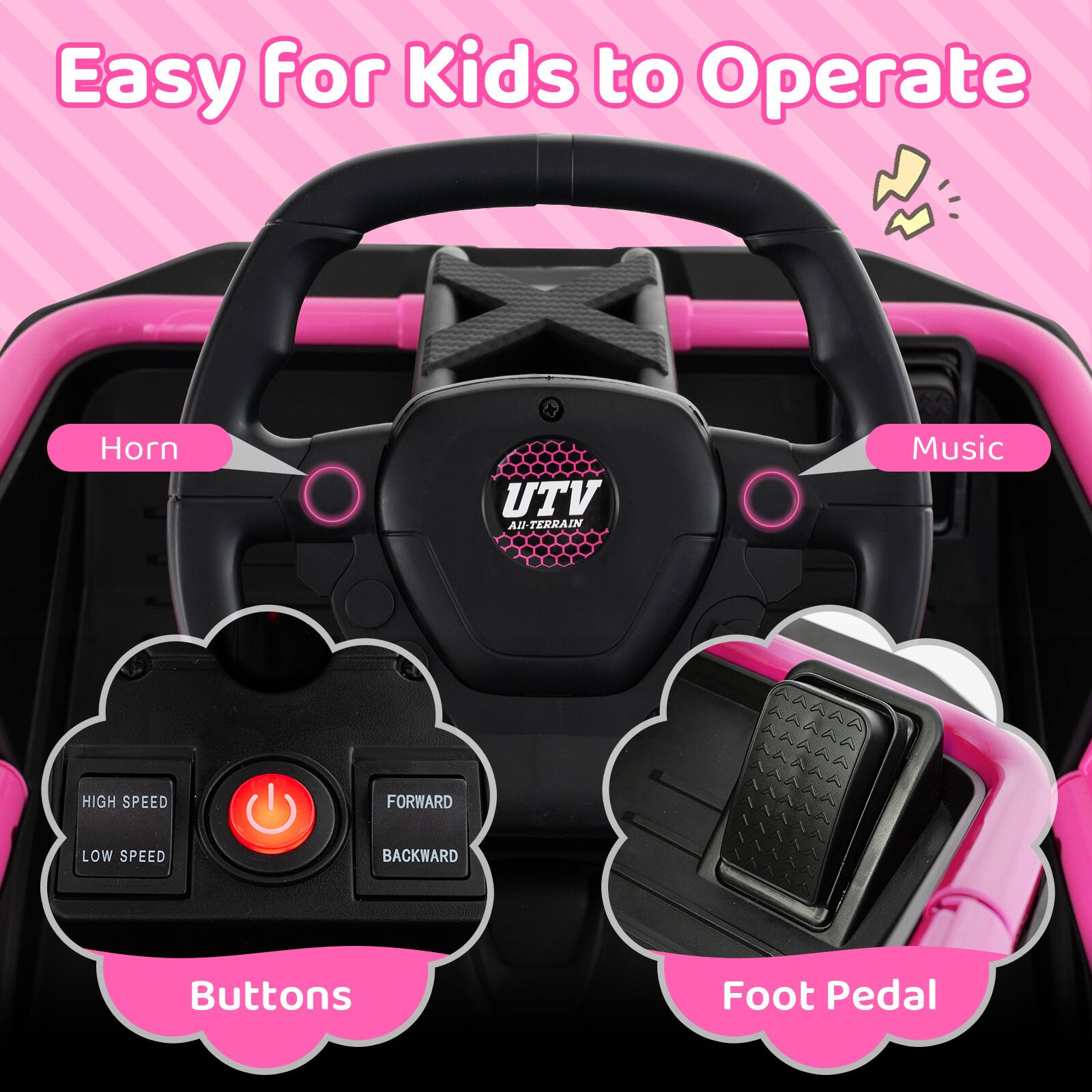 Easy For Kids to Operate

- Horn
- Music
- Buttons
  - HIGH SPEED
  - LOW SPEED
  - FORWARD
  - BACKWARD
- Foot Pedal