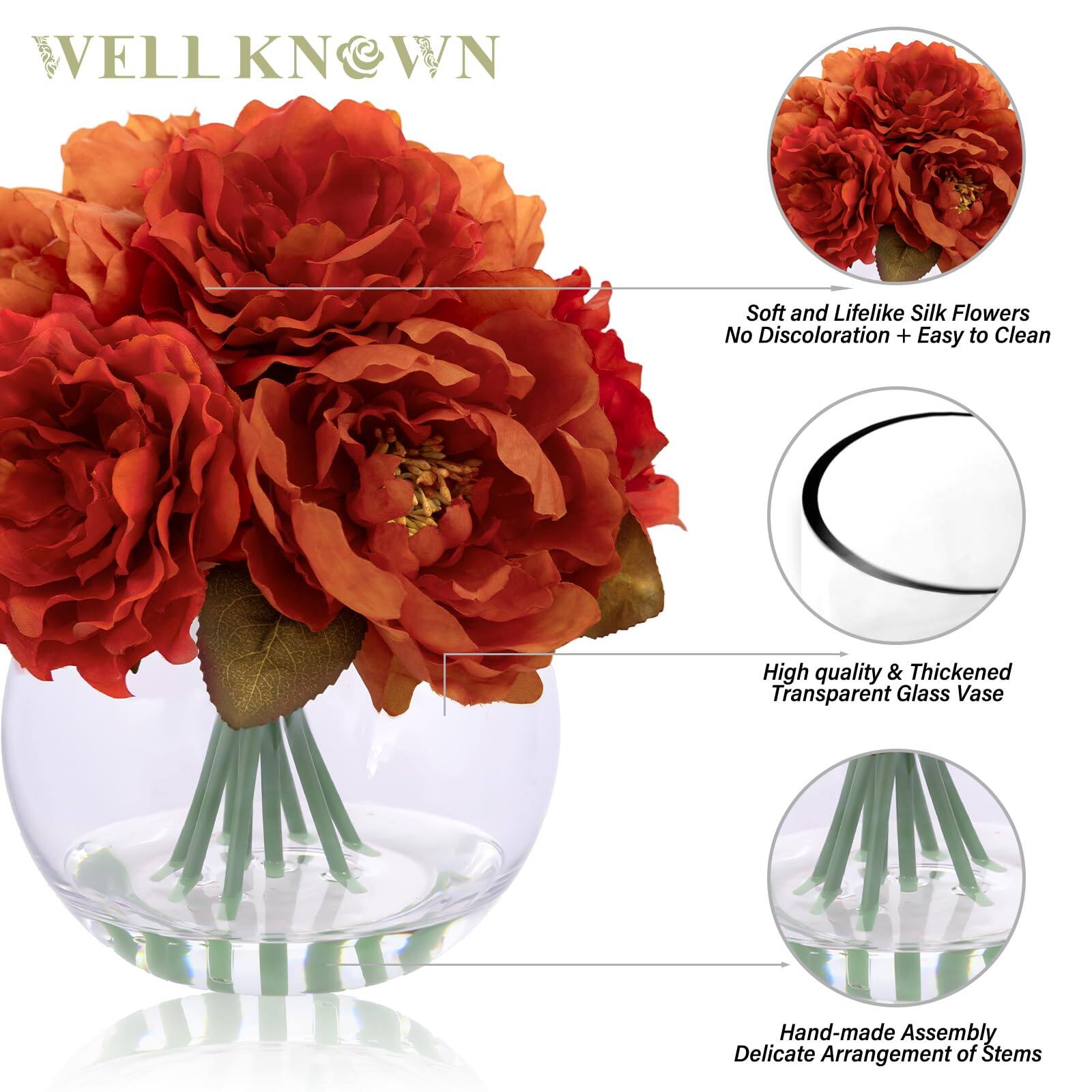 WELL KNOWN

- Soft and Lifelike Silk Flowers
- No Discoloration + Easy to Clean
- High quality & Thickened Transparent Glass Vase
- Hand-made Assembly
- Delicate Arrangement of Stems