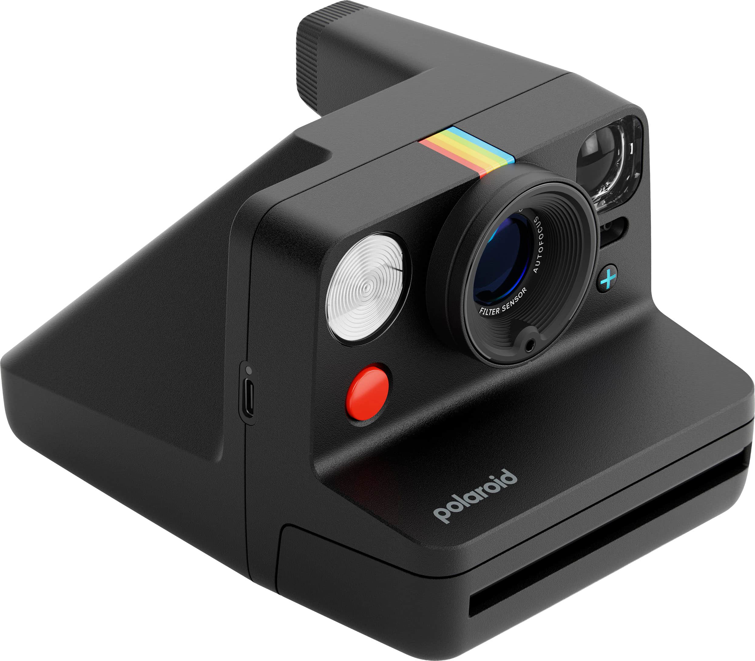 The image features a Polaroid camera with a colorful rainbow strip on the side. It has a sensor and a filter, which are essential components for capturing high-quality images. The camera is designed to provide users with a fun and easy way to take photos and share their memories with others.