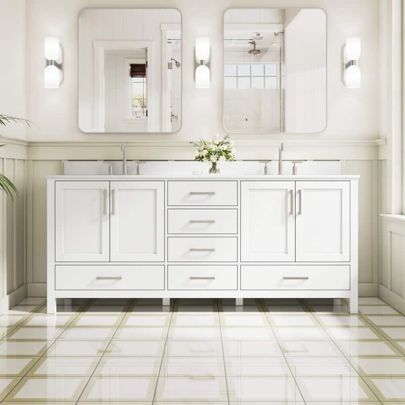 WELLFOR - 80 in Bathroom Vanity with Double Sink, Freestanding Solid Wood Bathroom Cabinet with Soft-Close 4 Doors& 6 Drawers - White price history on PriceWatchPro