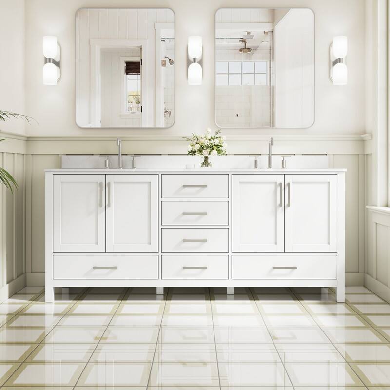 WELLFOR - 80 in Bathroom Vanity with Double Sink,Solid Wood Bathroom Cabinet with 4 Doors& 6 Drawers,Brushed Nickel Handle - White