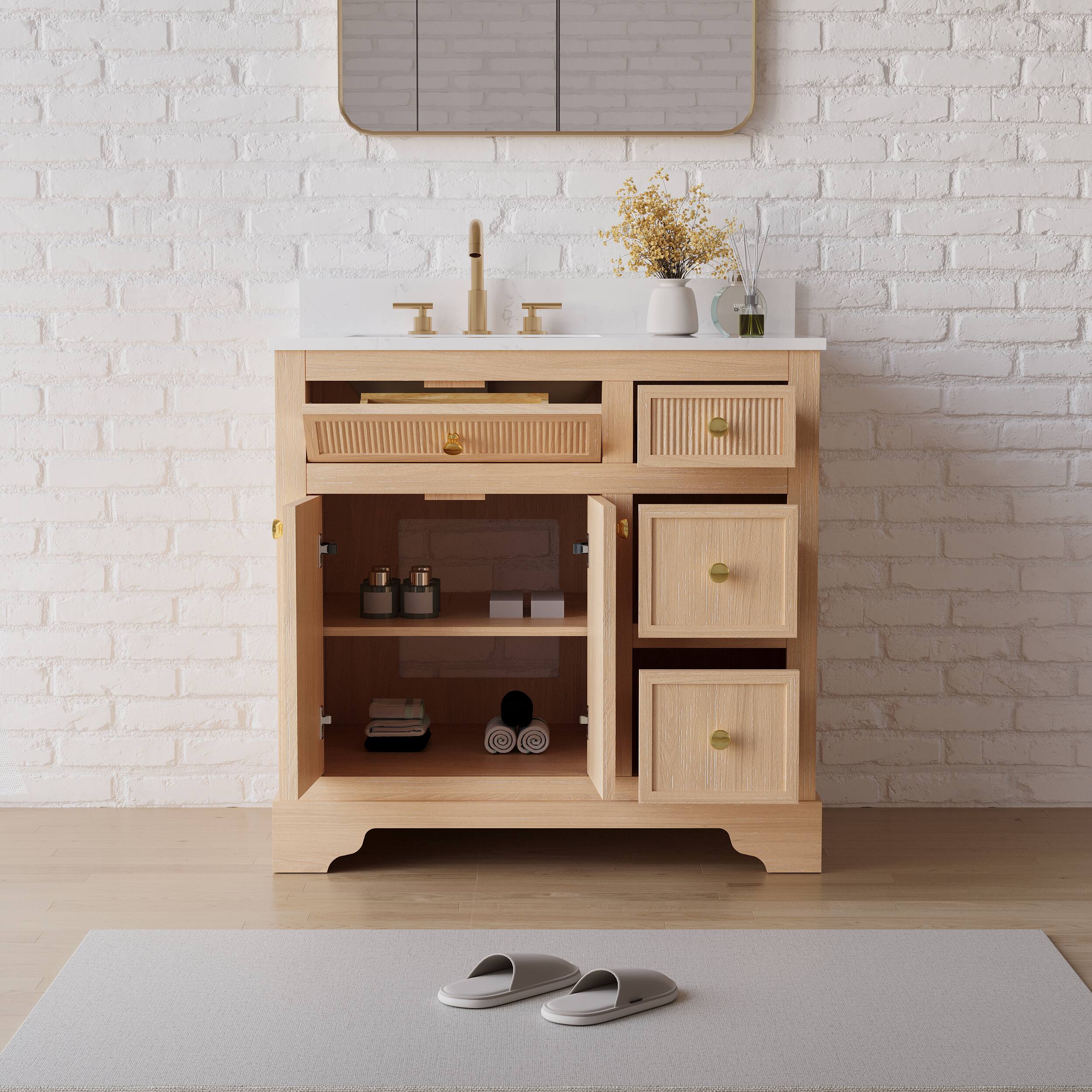 Angle. WELLFOR - ALLSTAR 36 in. Freestanding Solid Wood Bath Vanity with Quartz Top, Single Sink, Soft Close, Assembled - Light Brown.