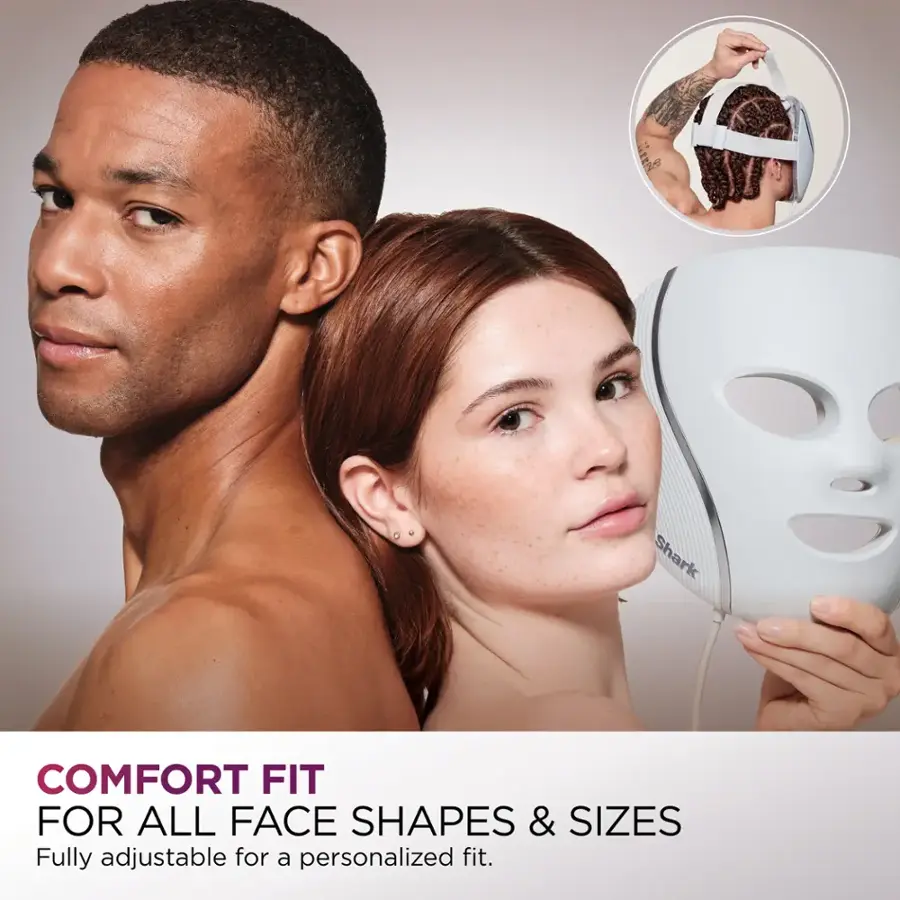 The text on the image reads: "Comfort Fit for all face shapes & sizes. Fully adjustable for a personalized fit."